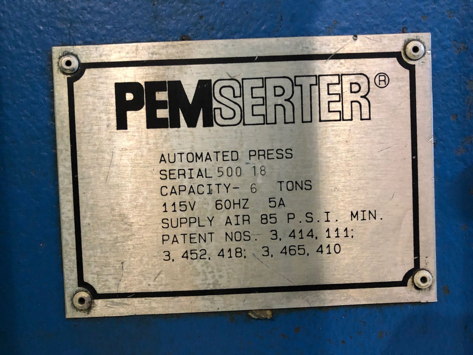 PEMSERTER PRESS MOD. PS 500, 6 TON CAP., S/N: 500-18 - Image 4 of 4