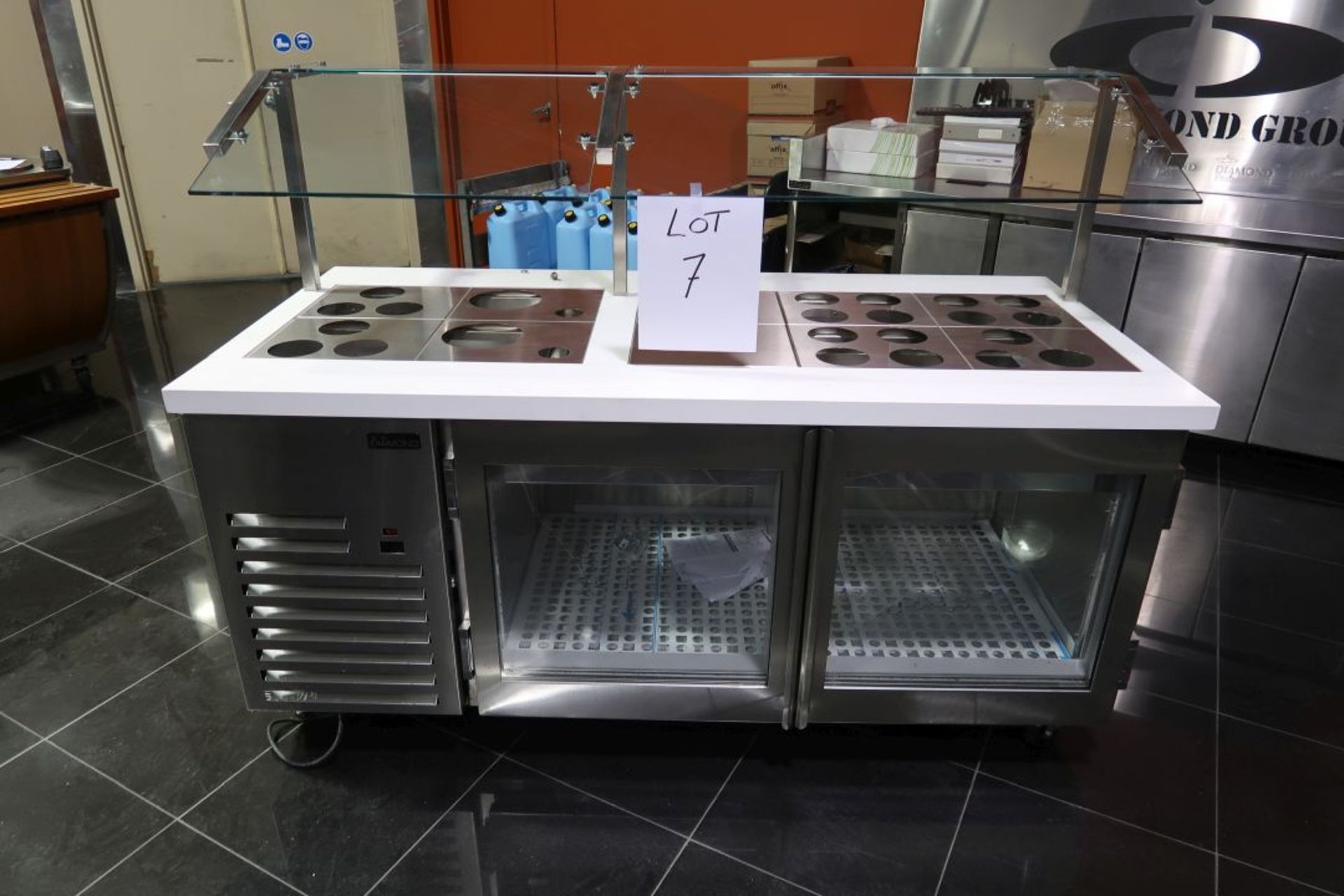 *NEW* DIAMOND 30’’X72’’ REFRIGERATED COUNTER WITH TOP CONDIMENT DISPLAY, 2 GLASS DOORS, SNEEZE