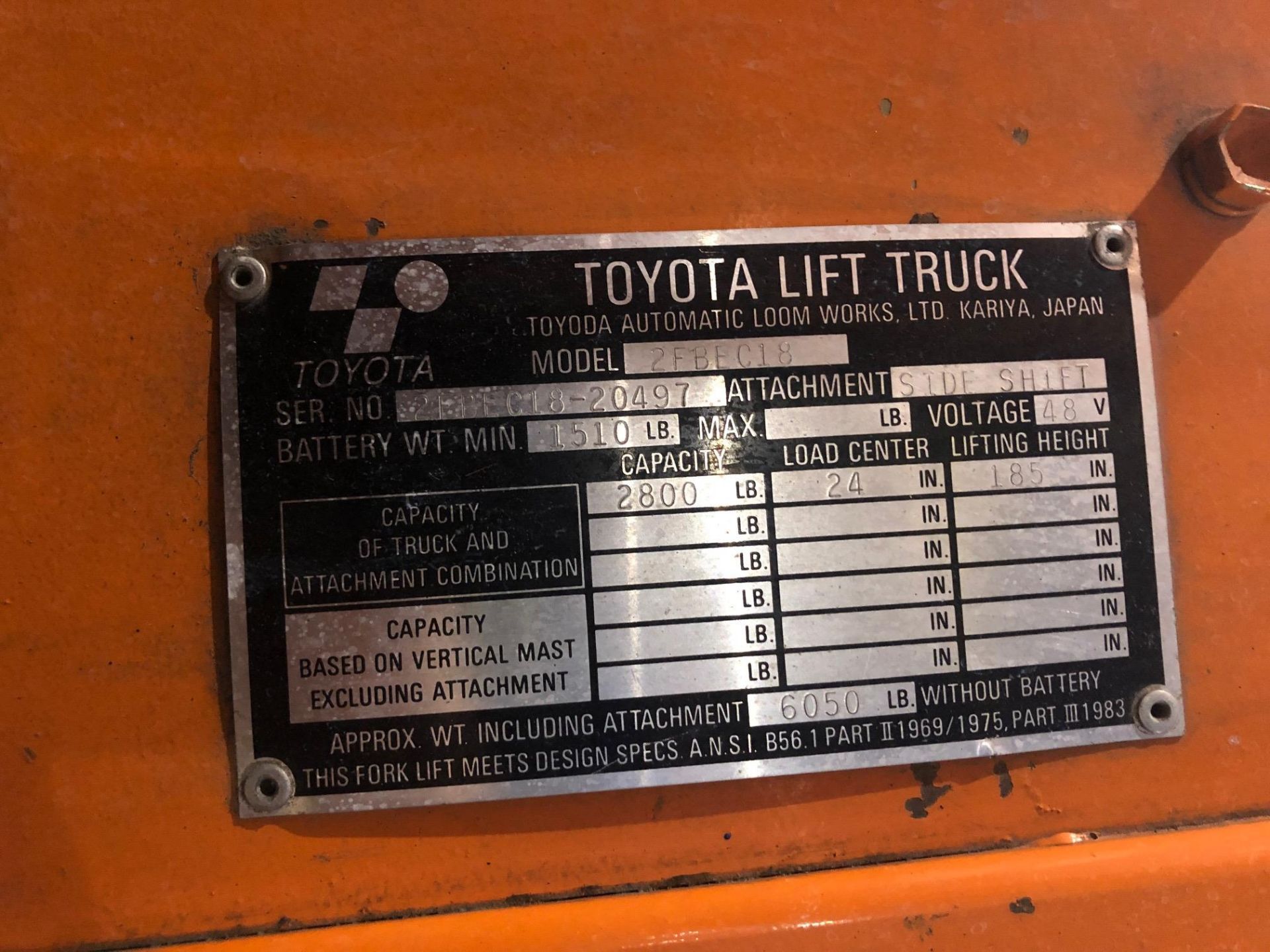 TOYOTA ELECTRIC LIFT TRUCK MOD.: 2FBEC18, 2800 LBS, SIDE SHIFT, 185" , S/N: 2FBEC18-20497 W/ - Image 5 of 5