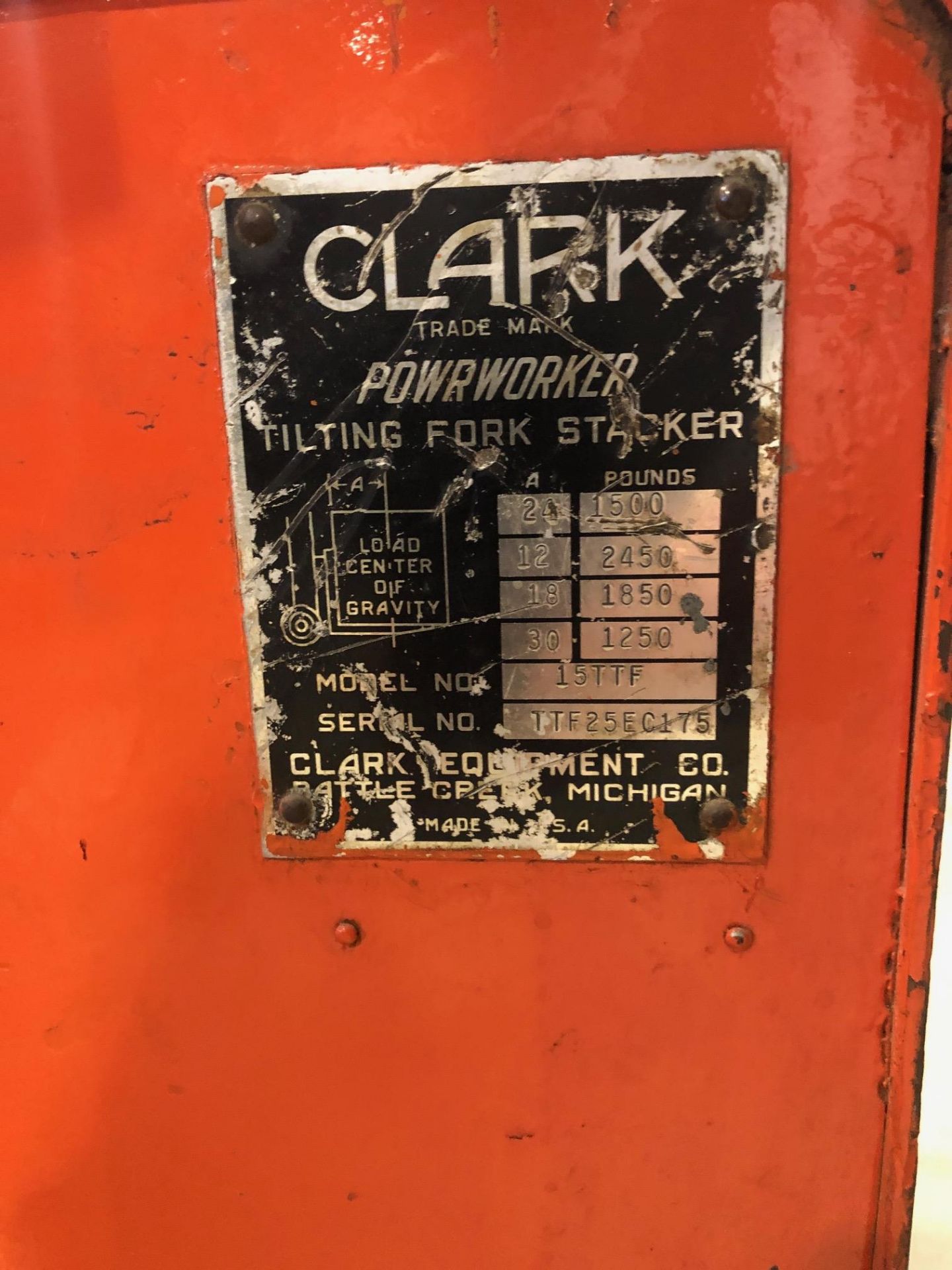 CLARK ELEC-LIFT STACKER, MOD.: 15TTF, 1500 LB., S/N: TTF25EC 175 - Image 3 of 5