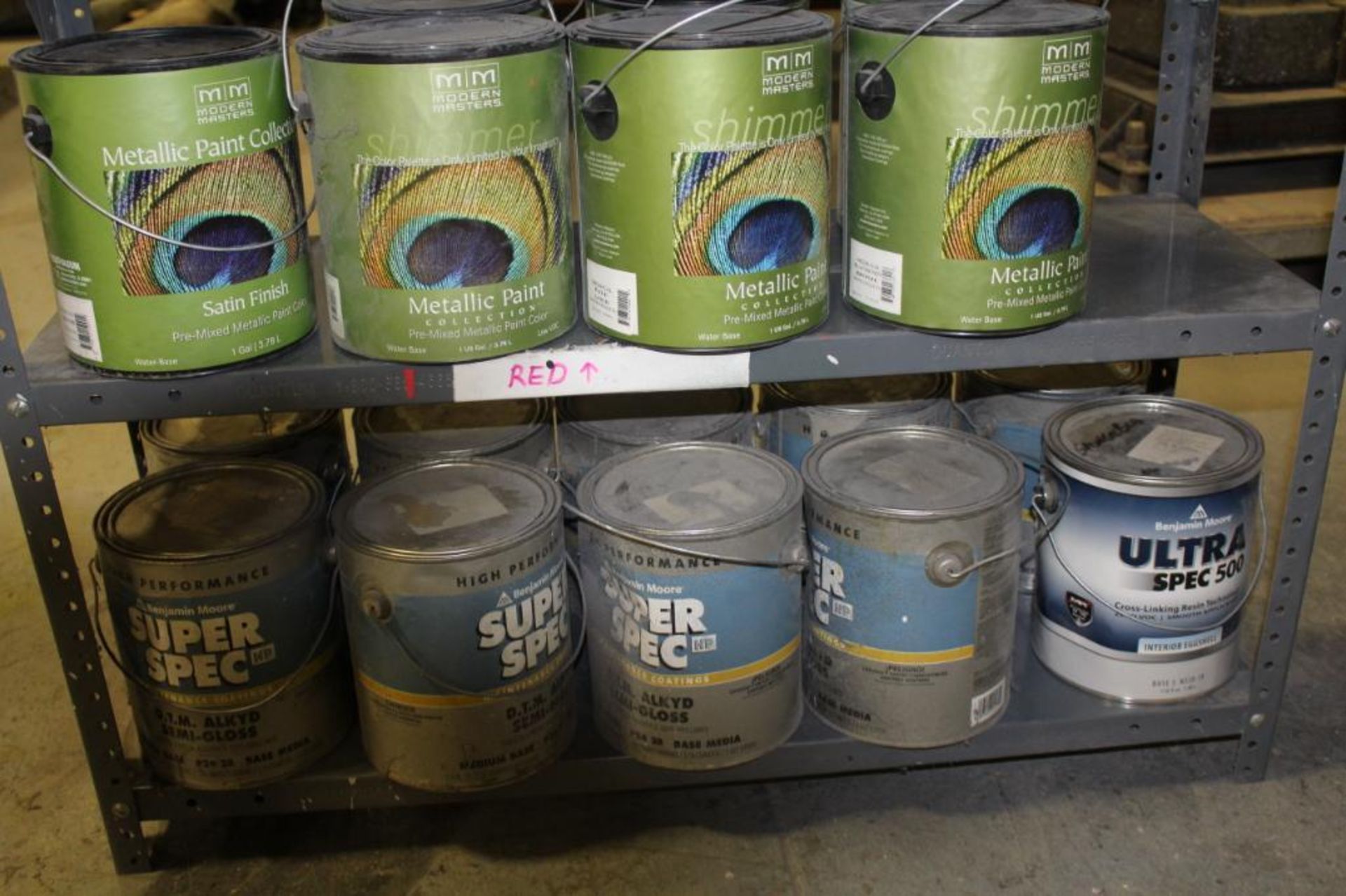 Specialty paints and finishes w/ two metal shelf units - Image 4 of 5