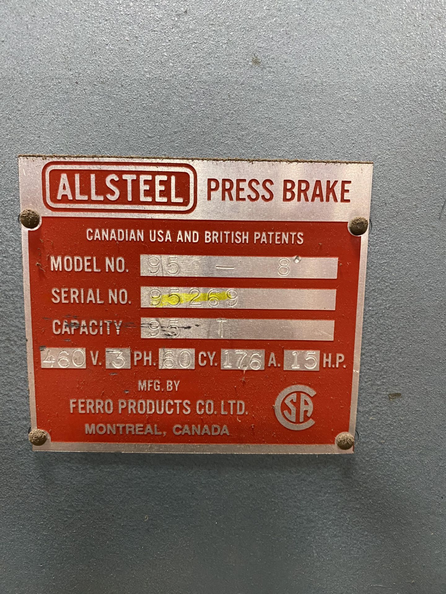 ALLSTEEL 95-Ton x 8' Hydraulic Press Brake mod.95-8 s/n: 95269 - Image 9 of 9