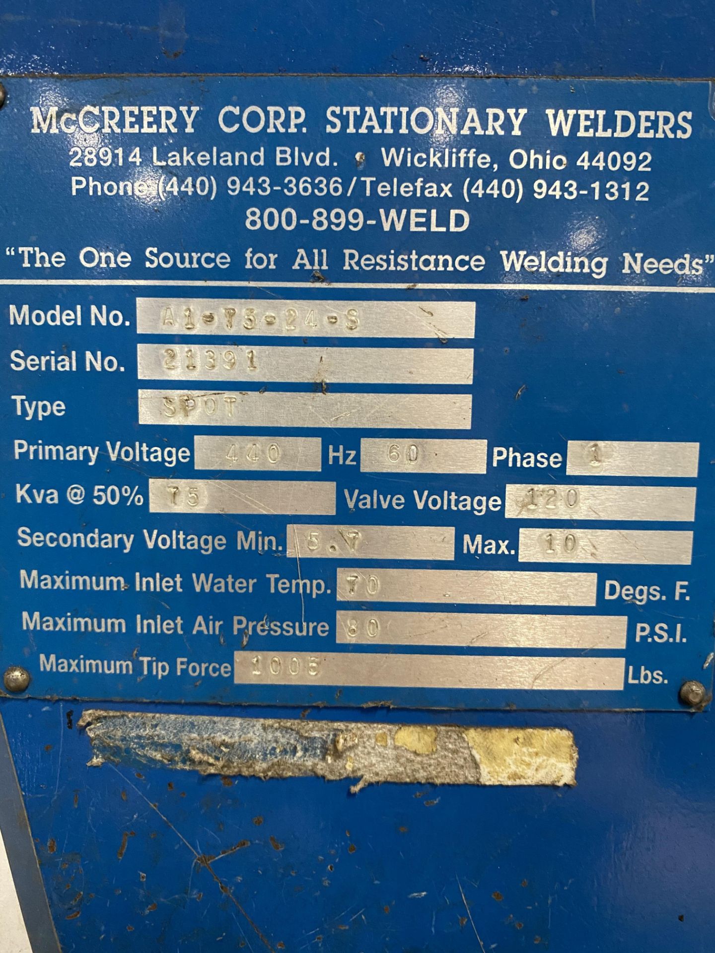 MCCREERY Spot Welder mod. A1-T5-24-5 75-kva, s/n: 21391; Rocker Arm, 440-Volt - Image 6 of 6