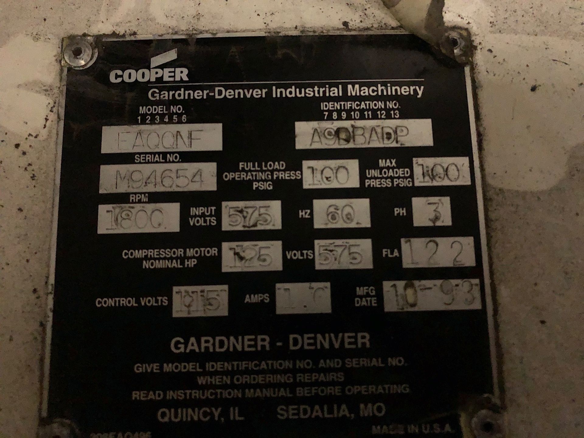 GARDNER-DENVER (EAQQNF) 125 HP ROTARY SCREW AIR COMPRESSOR - Image 3 of 3