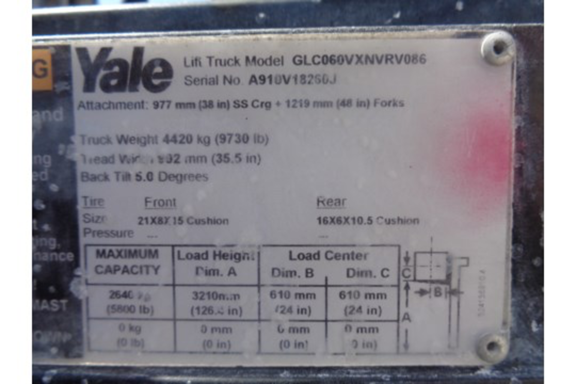 Yale GLC060VXNVRV086 6,000lb Forklift - Image 7 of 7