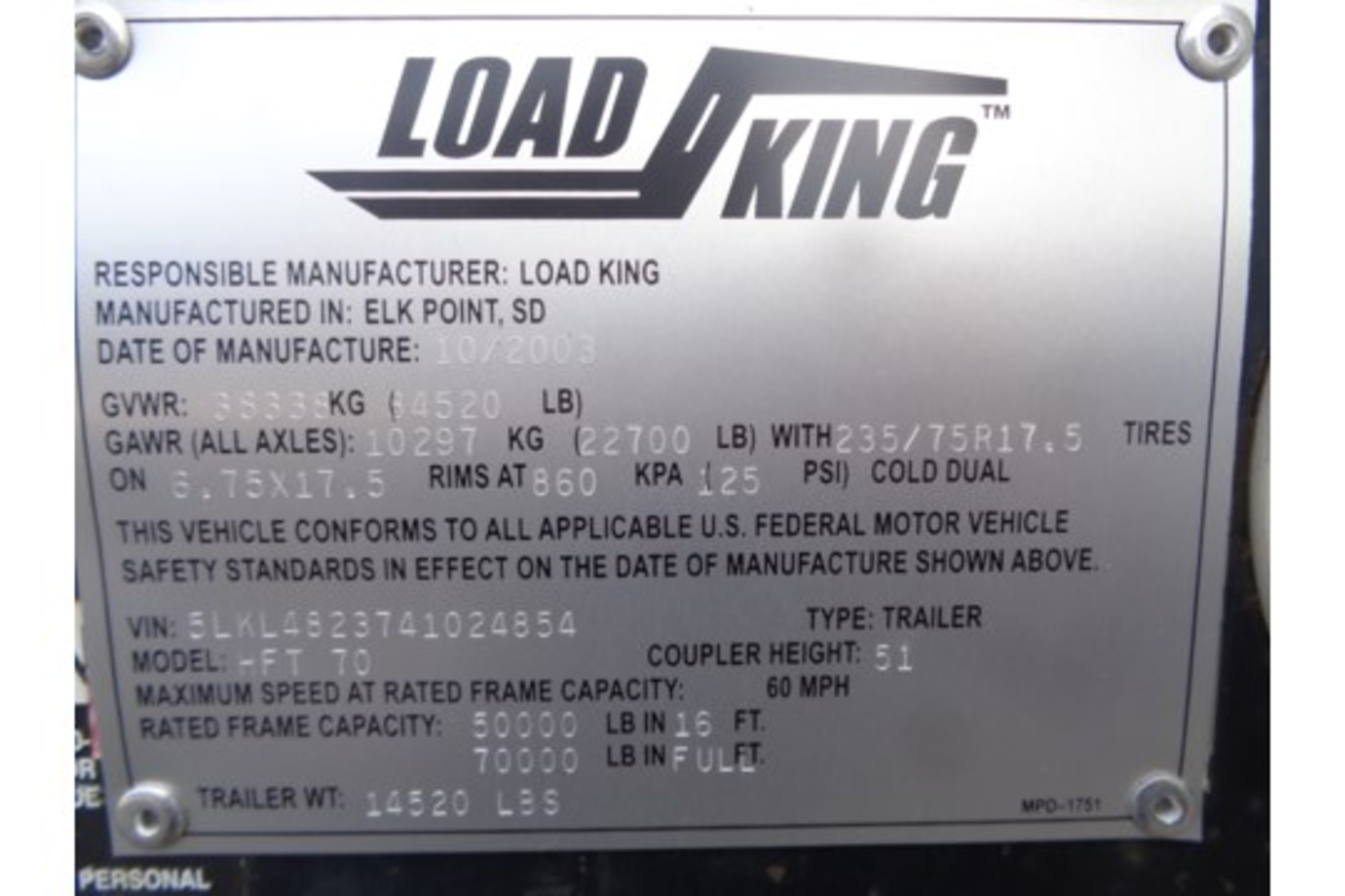 2003 Load King HFT70 Trailer with Hydraulic Beaver Tail - Image 4 of 4