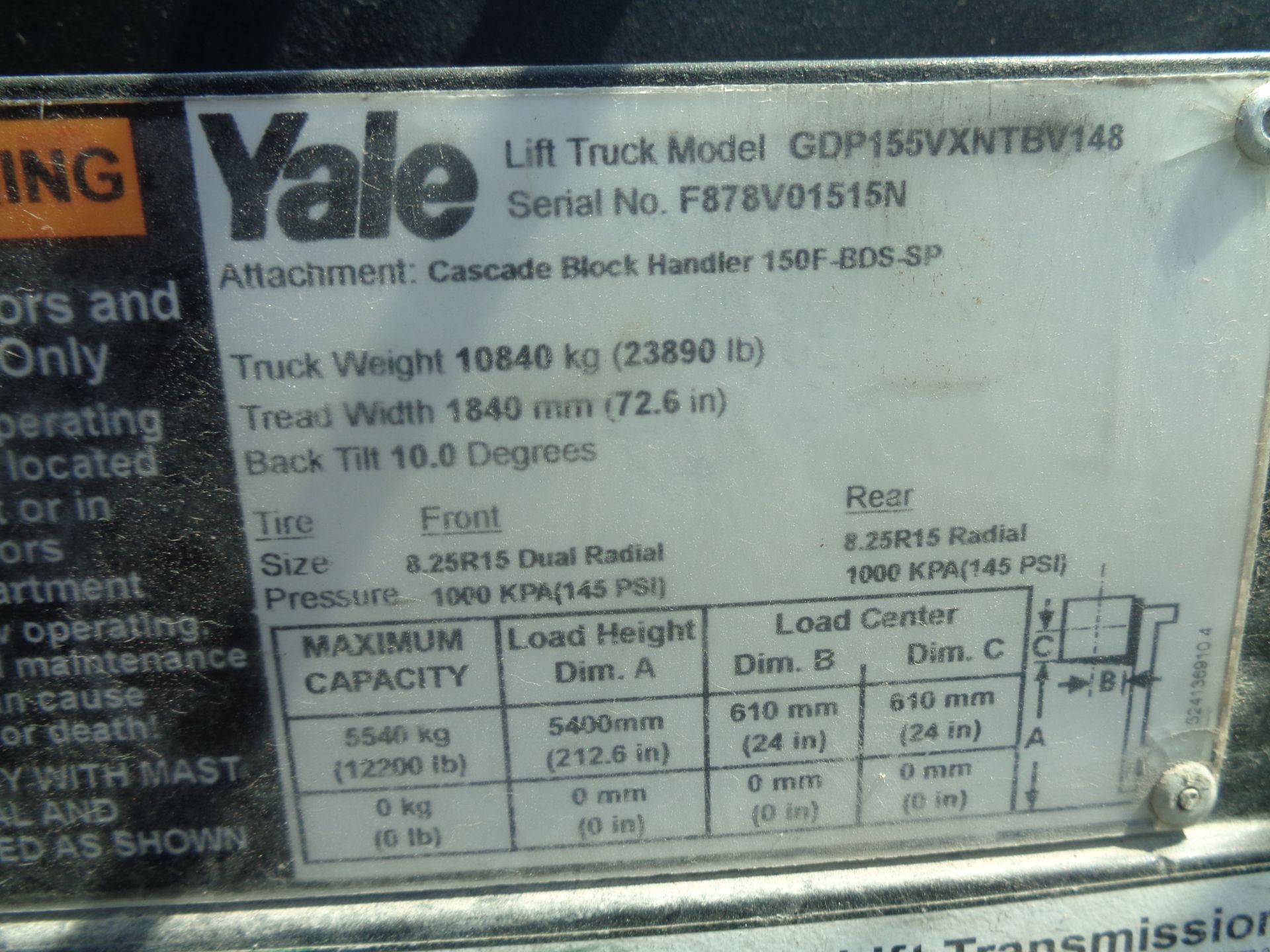 2016 Yale GDP155VXNTBV148 15,500 lb Forklift - Image 17 of 17