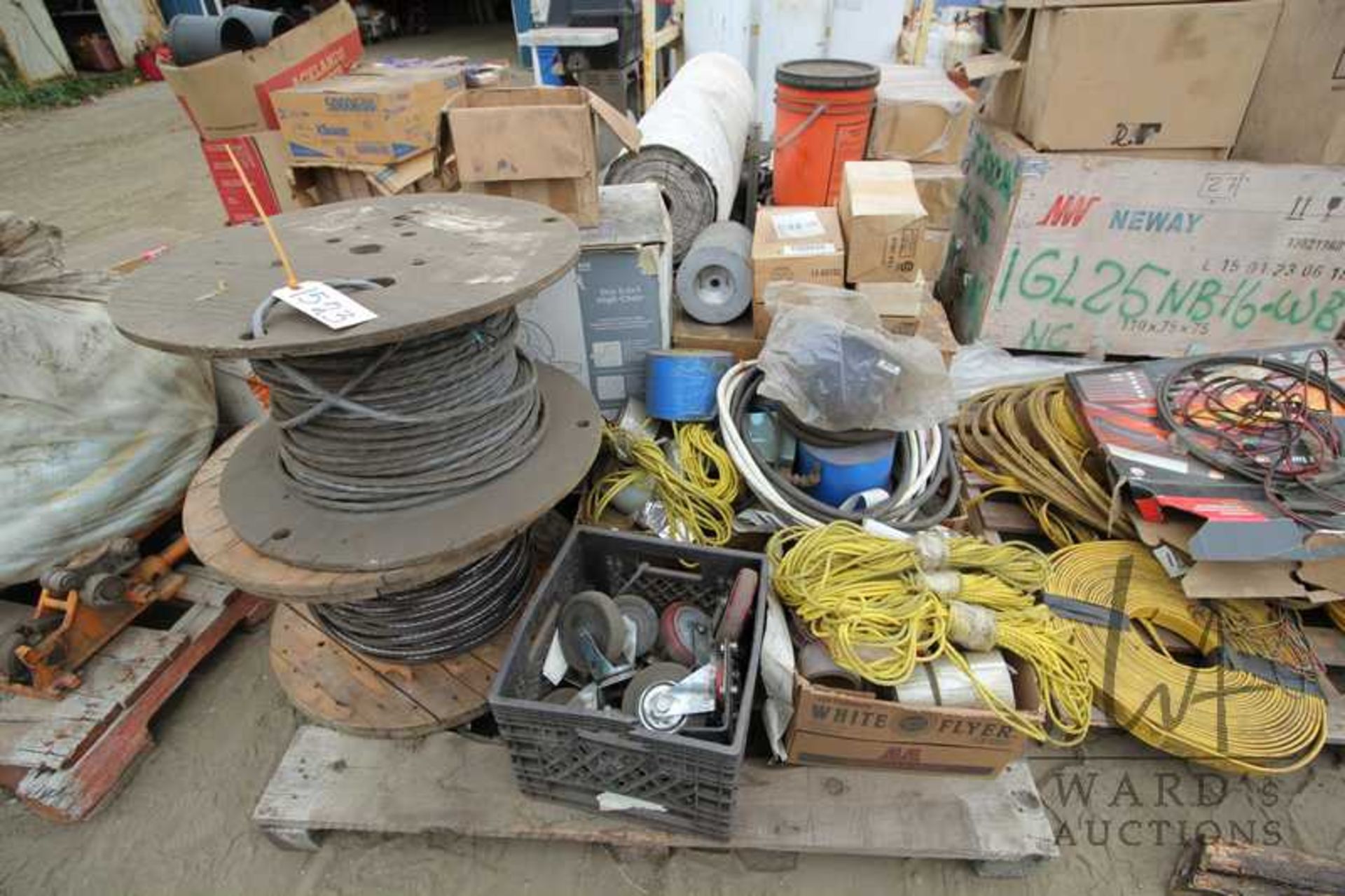 PALLET OF FILTERS, CASTORS, ANTI-SPATTER, SPOOLS OF ELEC. CABLE, MISC