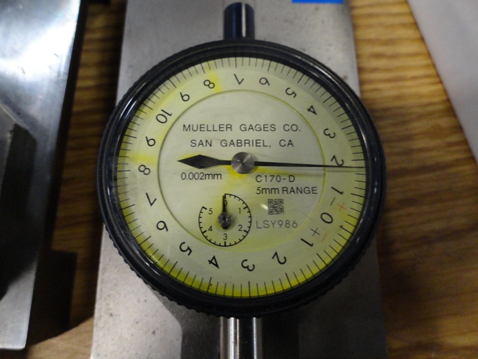 (3) Mueller Gages Indicators no. C170-D, 5mm range, .002mm increments, on metal table 3 x 6 inch - Image 3 of 4