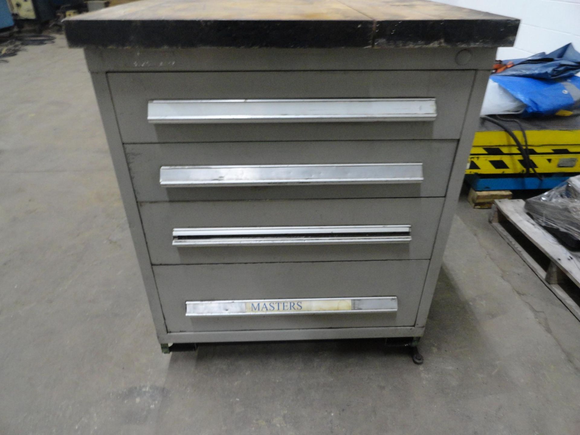 (2) 4-drawer heavy duty ball bearing drawer cabinets bolted together with butcher block top approxim - Image 4 of 13