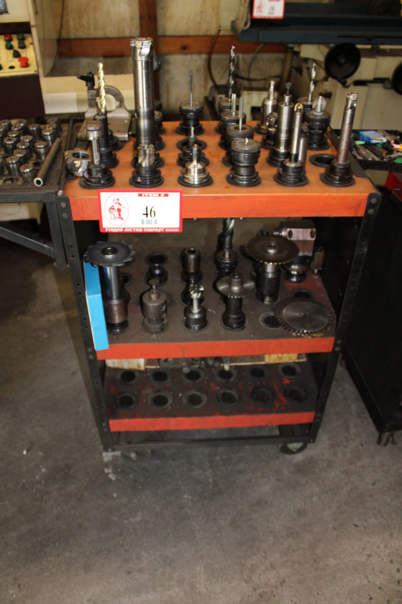 Tooling Cart & Contents: 36 CAT40 Tool Holders w/ Various Tooling & Mill Cutters, Boring Bar, Etc.