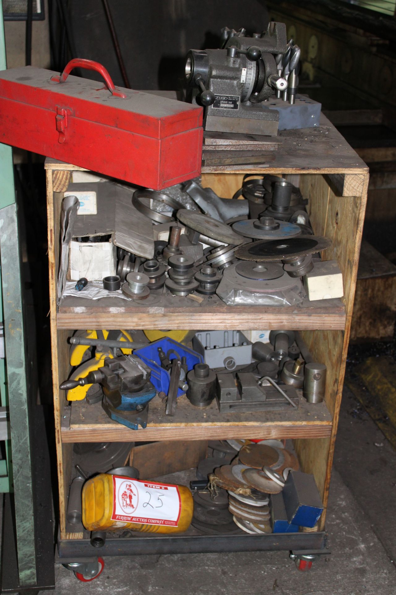 Contents of Shelf: Misc. Grinding Wheels, Grinding Wheel Hubs, Angle Vise, Precision Vise, Etc.