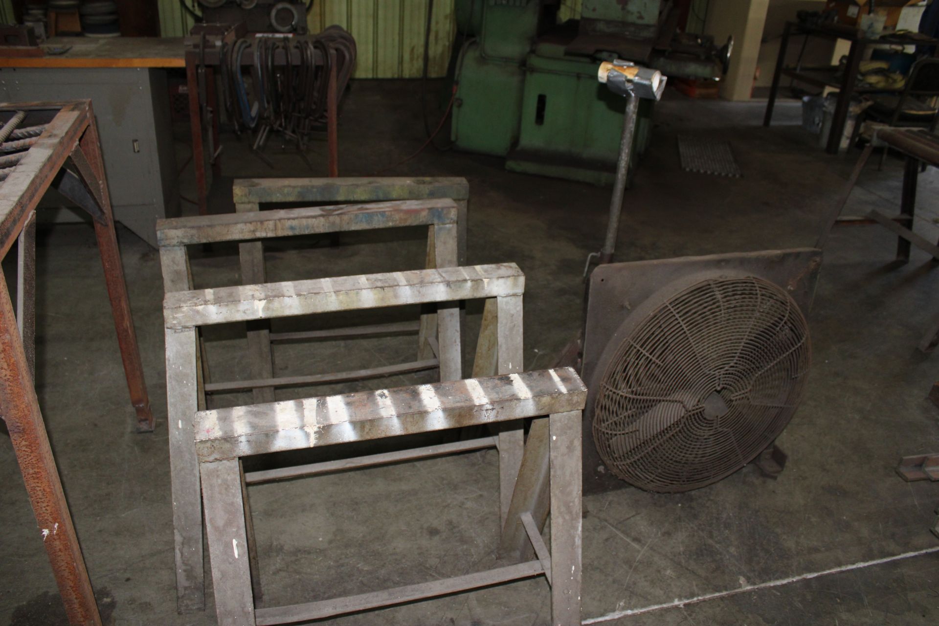 Custom Built Welding Table, (4) Custom Built Metal Saw Horses, Pipe Stand, and Electric Fan - Image 2 of 2