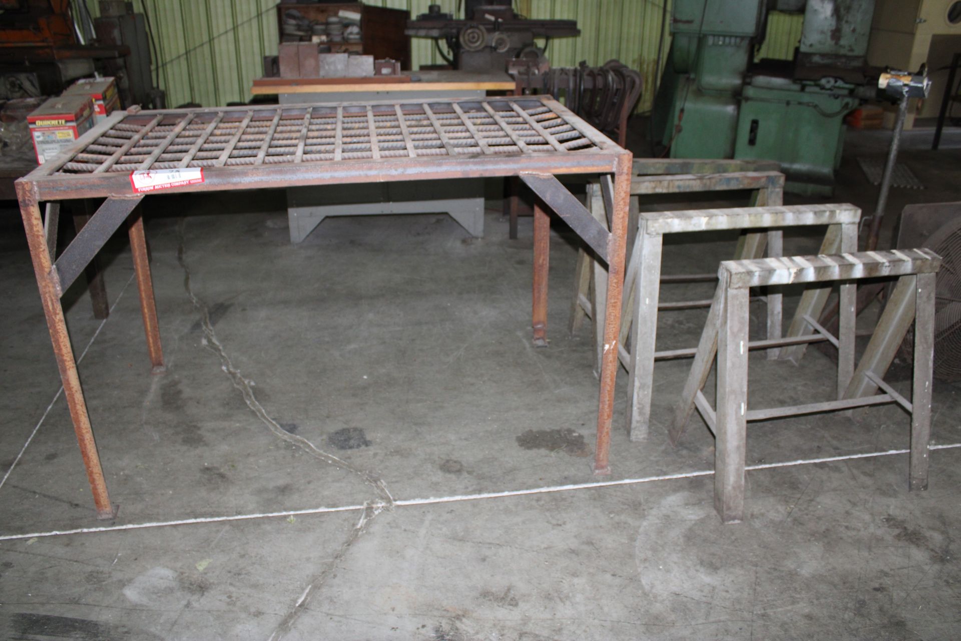 Custom Built Welding Table, (4) Custom Built Metal Saw Horses, Pipe Stand, and Electric Fan