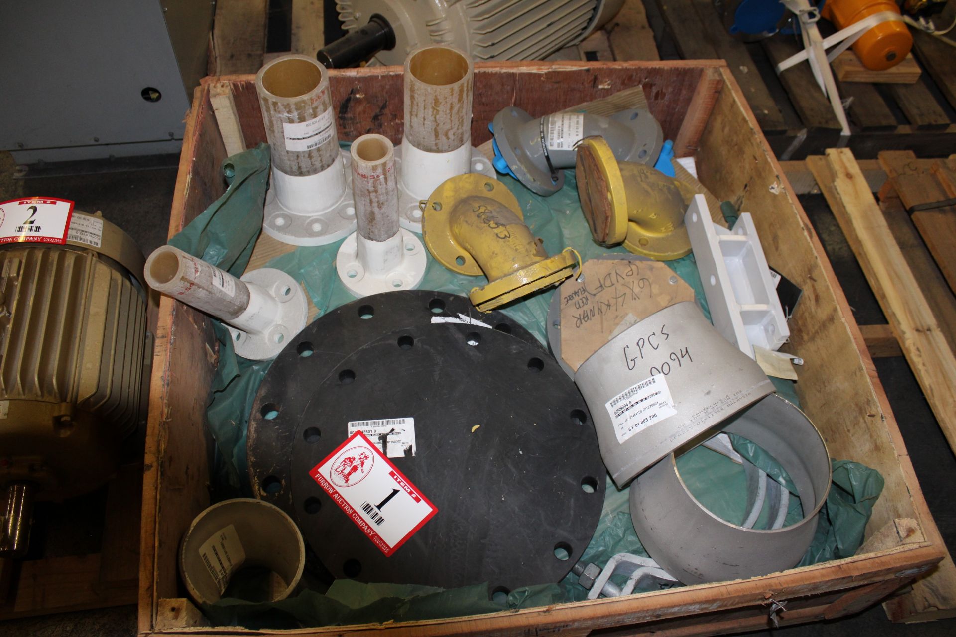 Contents of Crate: Various Pipe Fittings, Stainless Steel PVC, Metal, Pipe Caps, Nipples, 45's,