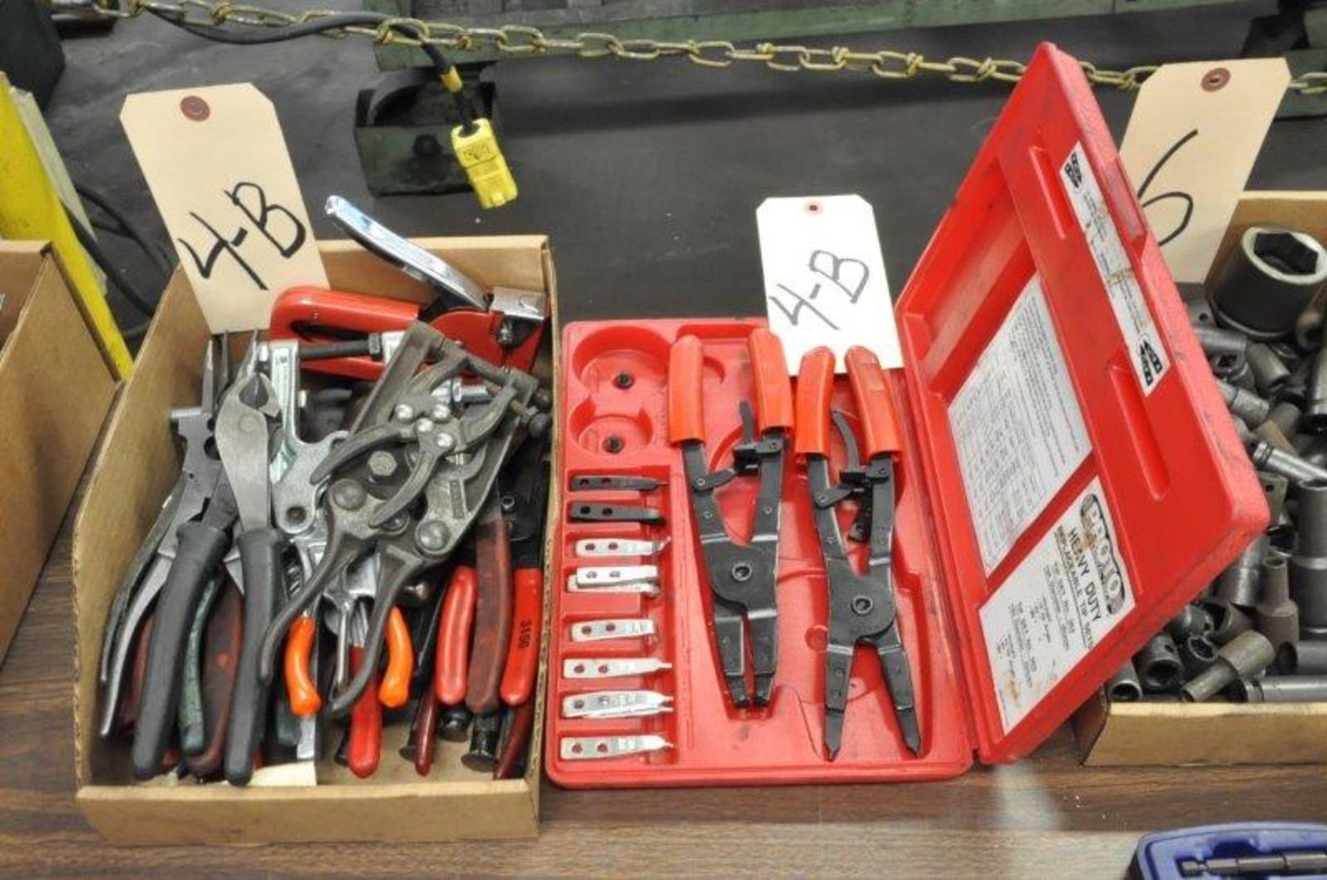 Lot-Pliers Snips, Clamps, Stapler, in (1) Box with Snap Ring Set, (Metal Fab Room)