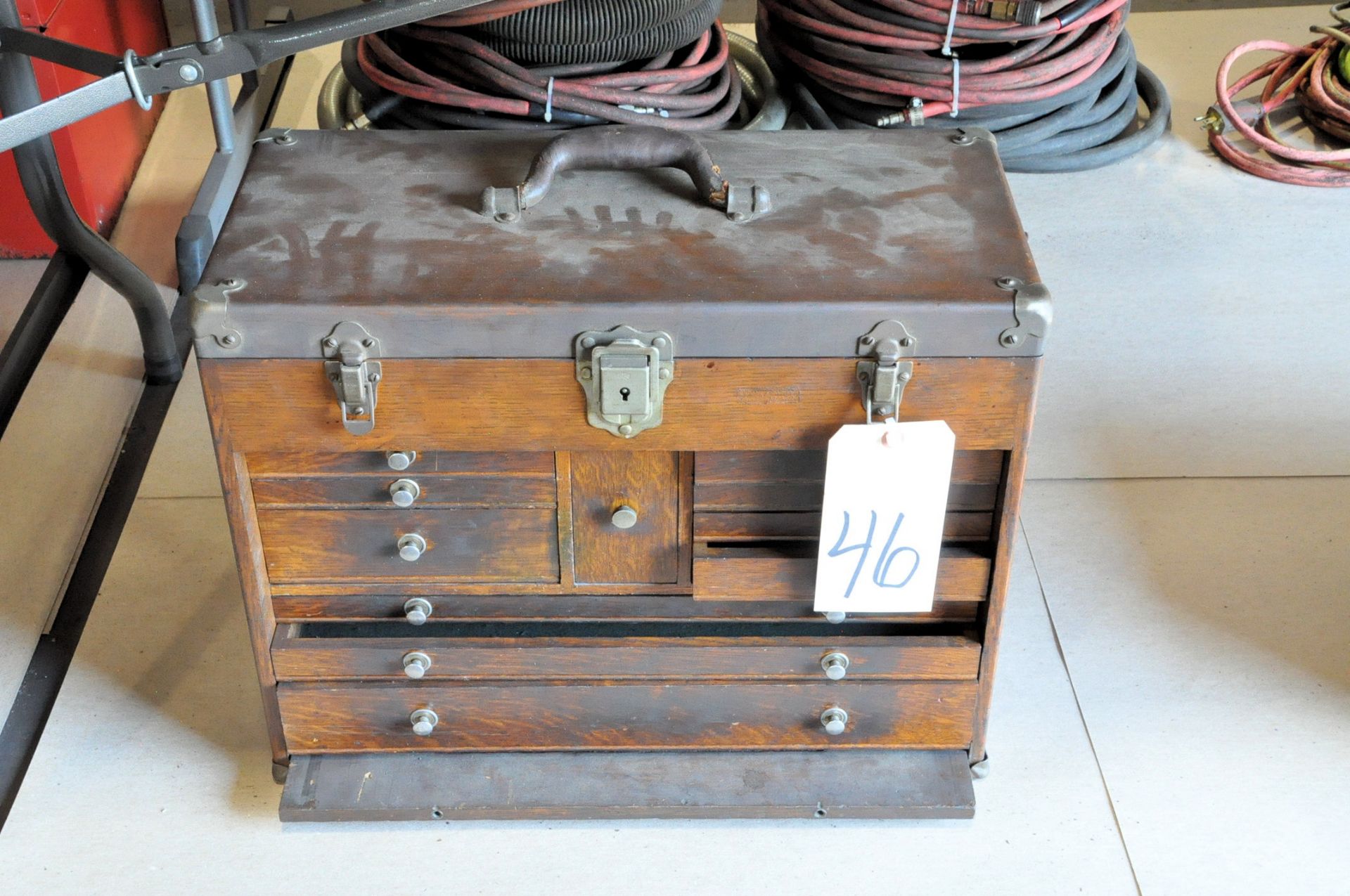 11-Drawer Flip Top Wood Machinist's Tool Box on Floor Under (1) Table