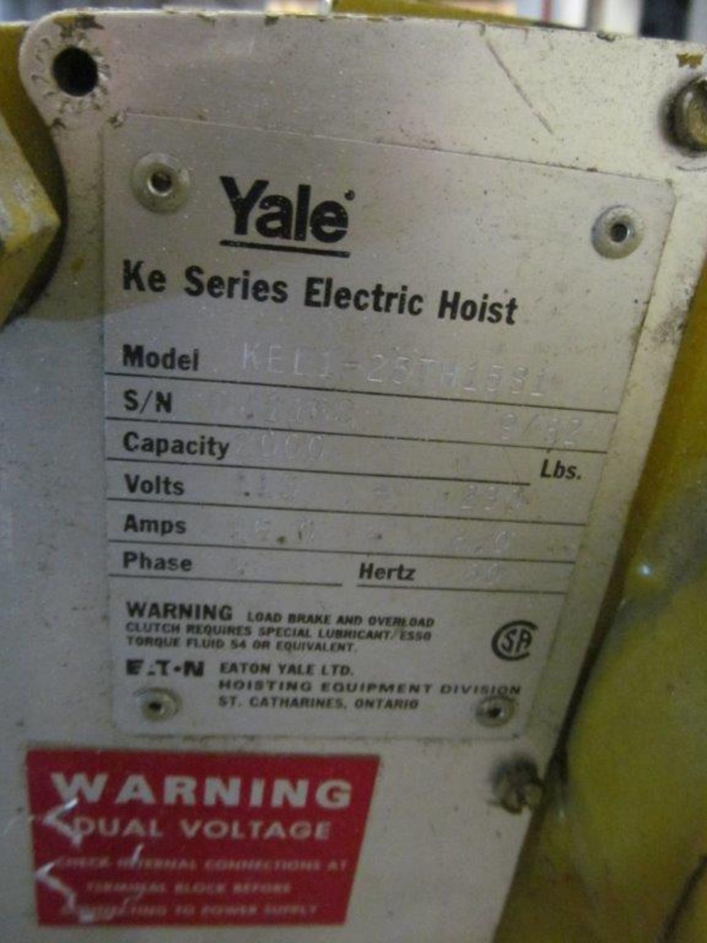 YALE ELECTRIC PENDANT CONTROL HOIST, 2000LB CAPACITY, MDL. KELI-25TH15S1, 115V/230V/1PH/60C - - Image 4 of 4
