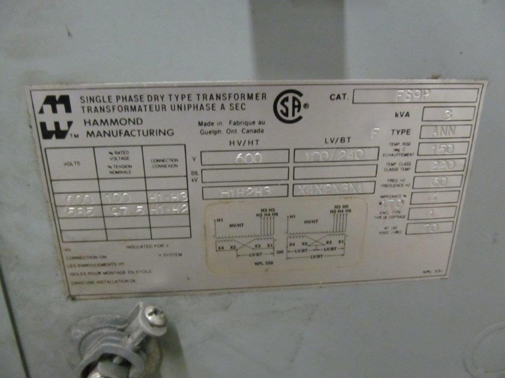 HAMMOND ELECTRICAL TRANSFORMER 3KVA, 600V/120V/240V - LOCATION, HAWKESBURY, ONTARIO - Image 2 of 2