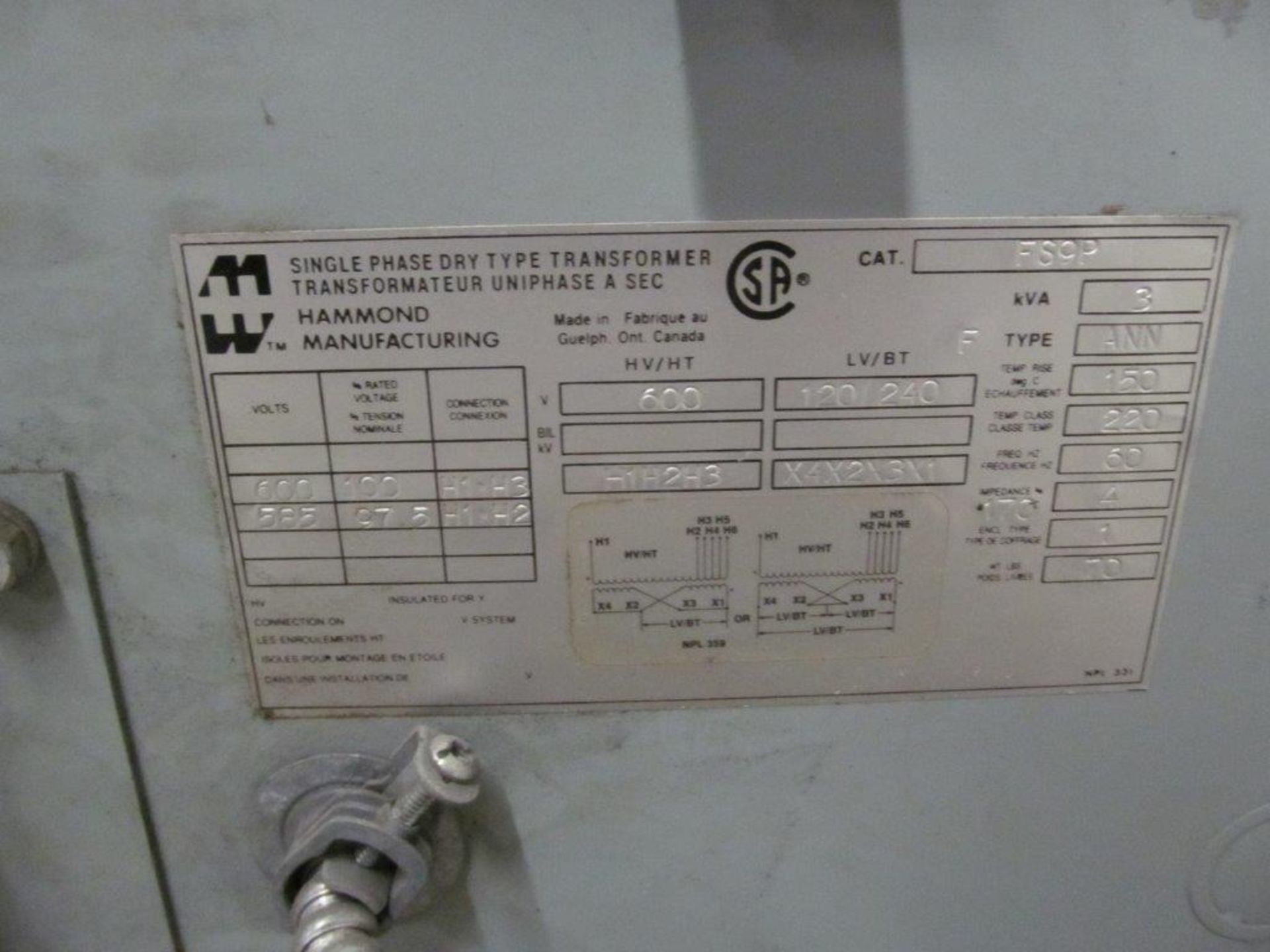 HAMMOND TRANSFORMER 3 KVA, 600V/240V/120V - LOCATION, HAWKESBURY, ONTARIO - Image 2 of 2