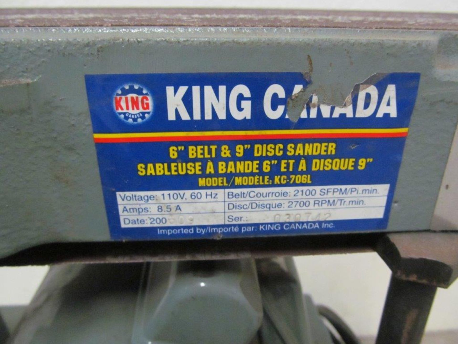 KING 6'' BELT & 9'' DISC SANDER, MODEL KC706L, 110V/1PH/60C - LOCATION, HAWKESBURY, ONTARIO - Image 4 of 4