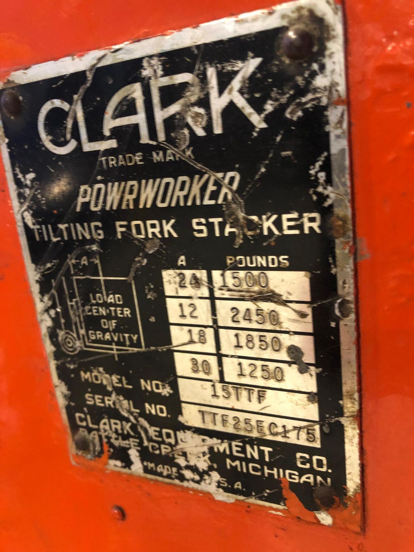 CLARK ELECTRIC WALKING STAKER, MODEL 15TTF, S/N TTF25EC175, 1500LB W/CHARGER - Image 4 of 5