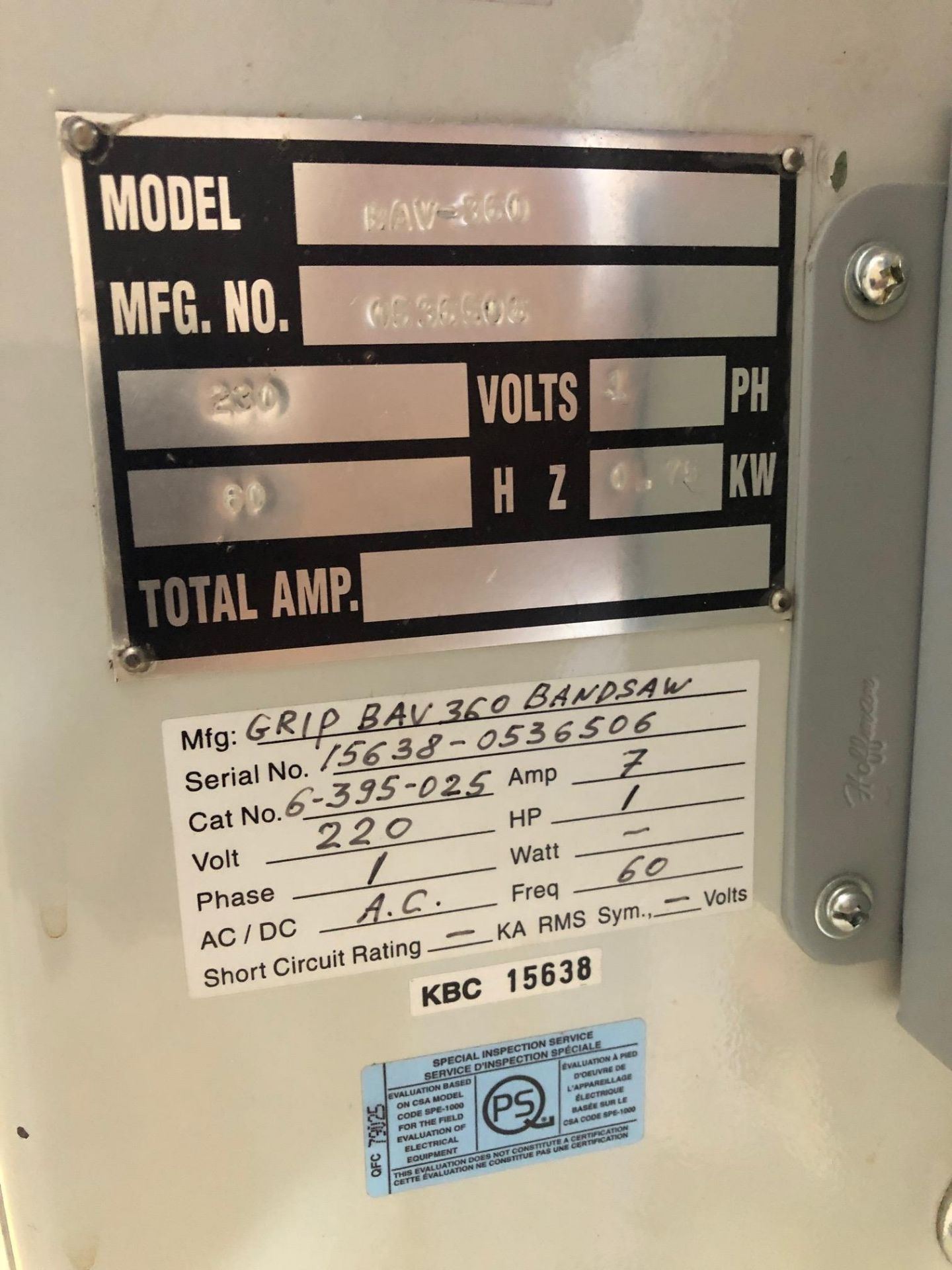 KBC VERTICAL BANDSAW, MODEL 360, S/N 536506, 14'' - LOCATION, MONTREAL, QUEBEC - Image 5 of 5