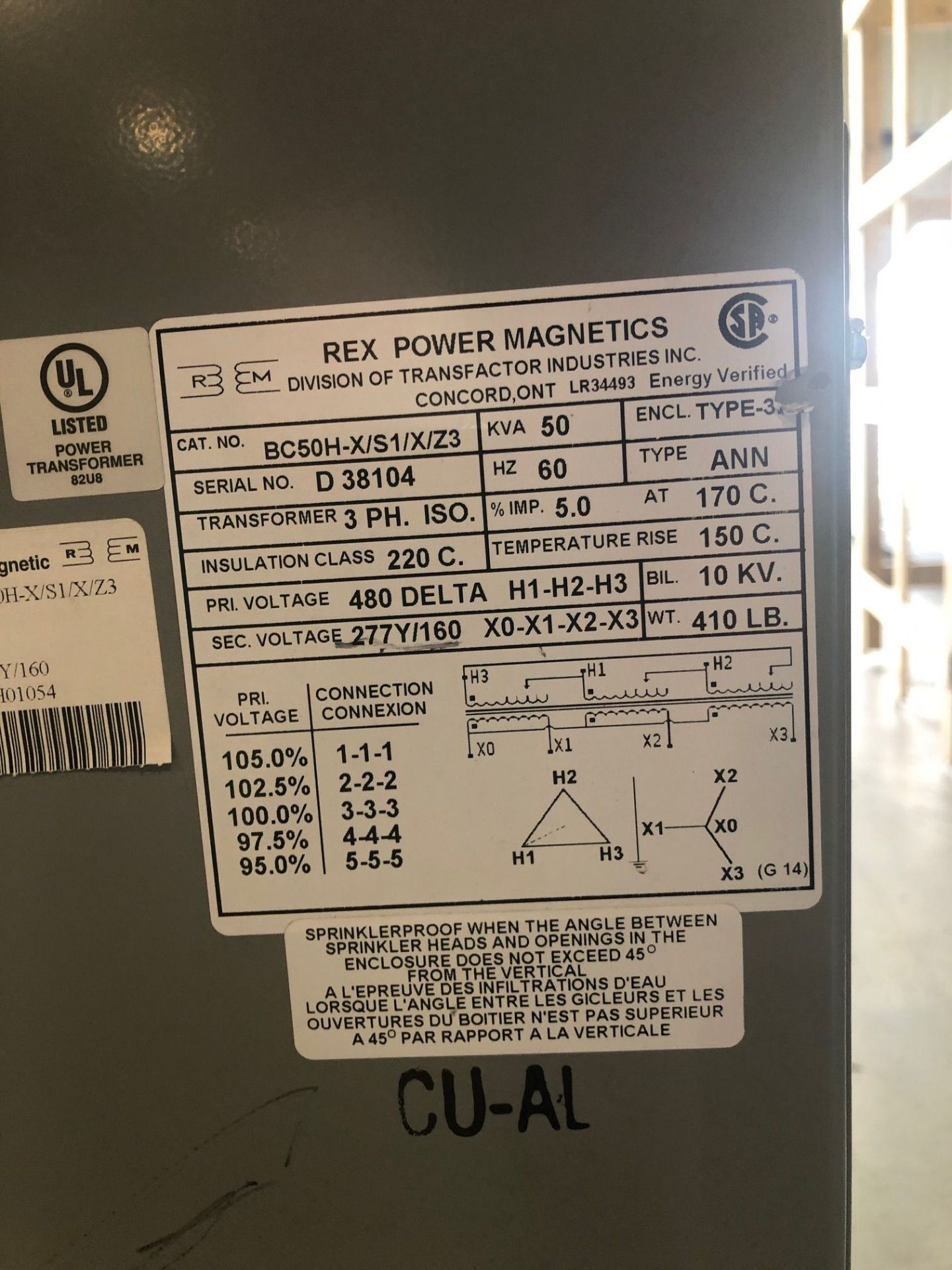 REX TRANSFORMER, 50 KVA, PRIMARY 480V, SECONDARY 277Y/160V - Image 2 of 2