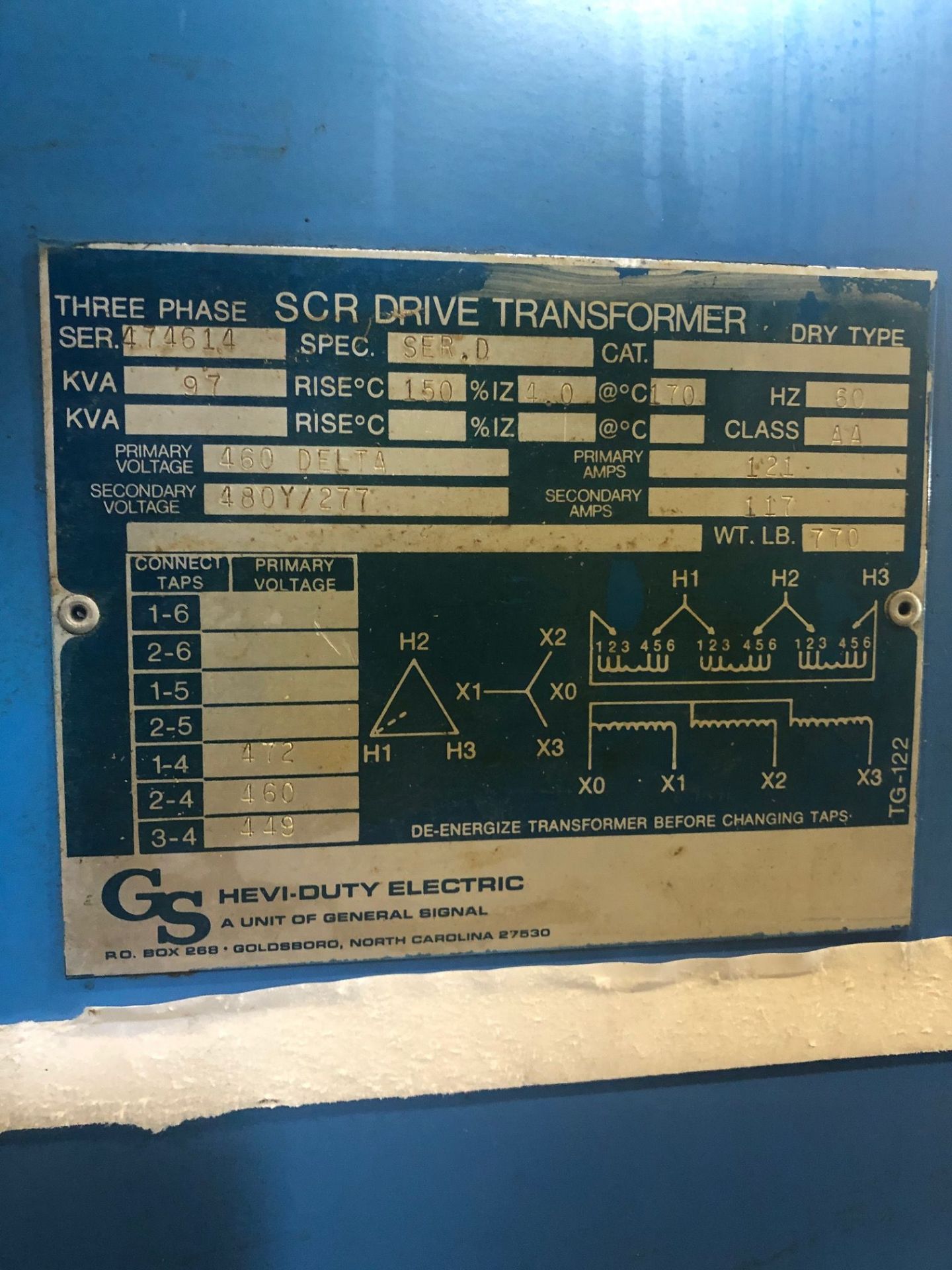 G.S TRANSFORMER, 97 KVA. PRIMARY 460V, SECONDARY 480/277V - Image 2 of 2