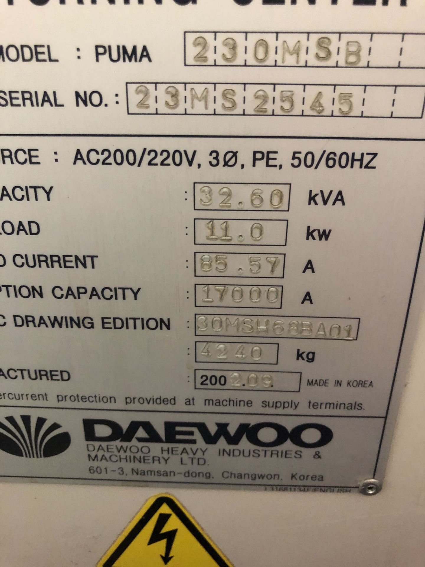 DAEWOO LATHE (CNC), MODEL. PUMA 230MSB, S/N 23MS2545 - Image 3 of 10