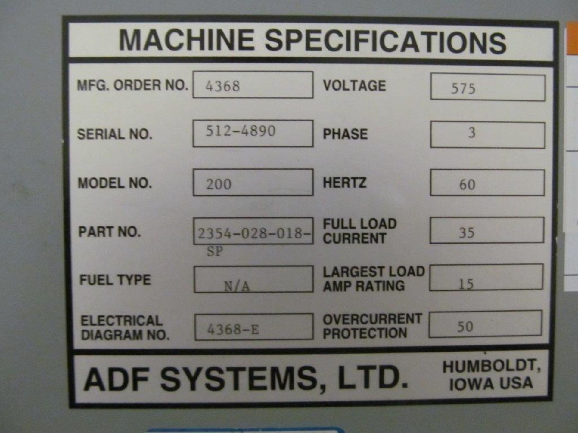 ADF SYSTEMS CLEANER/WASHER/DEGREASER, MODEL 200, S/N 512-4890, 575V/3PH/60C - LOCATION - HAWKESBURY, - Image 4 of 5