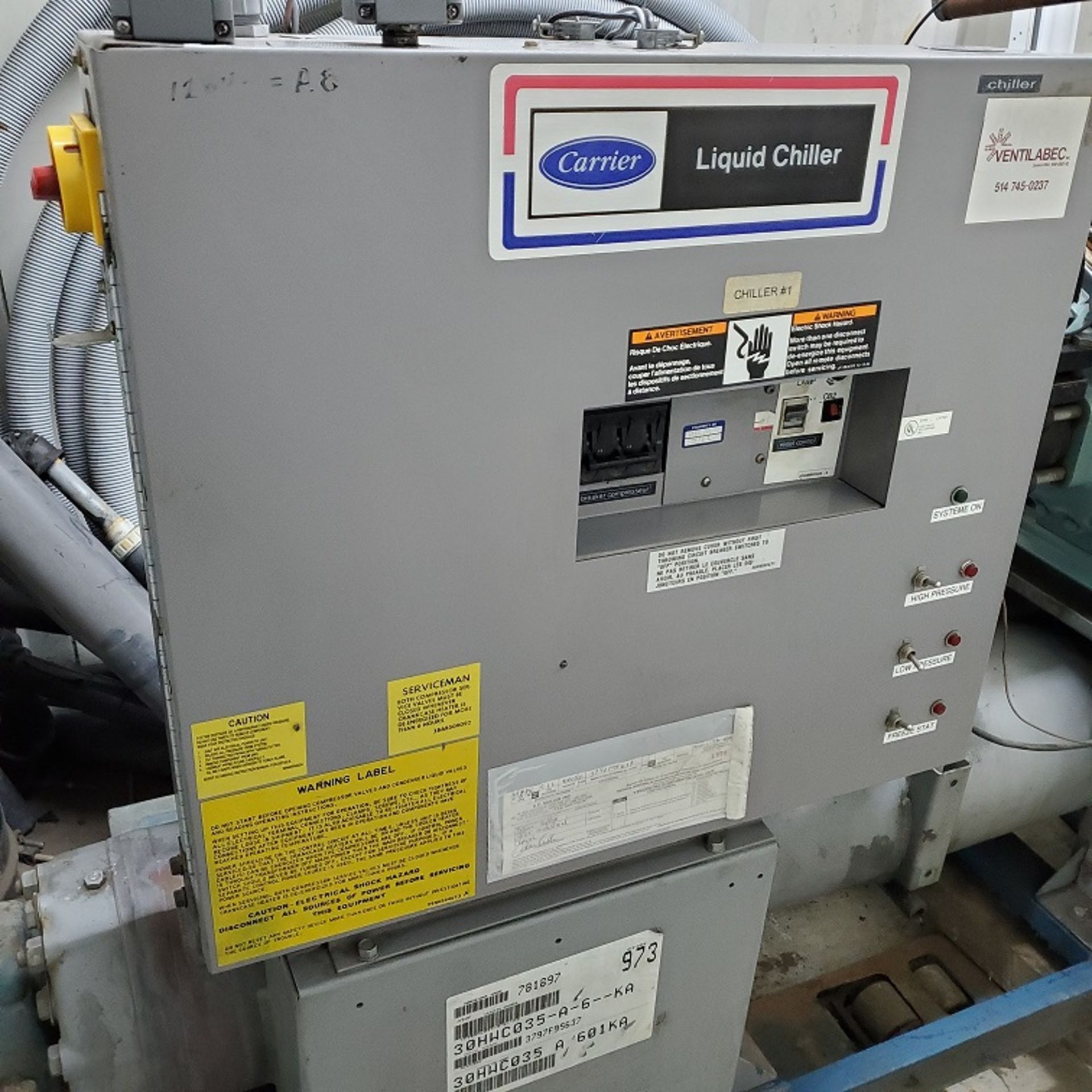 CARRIER CHILLER, MODEL 30HWC035-A-600KA, S/N: 3797F95637, LOCATION: MONTREAL AREA