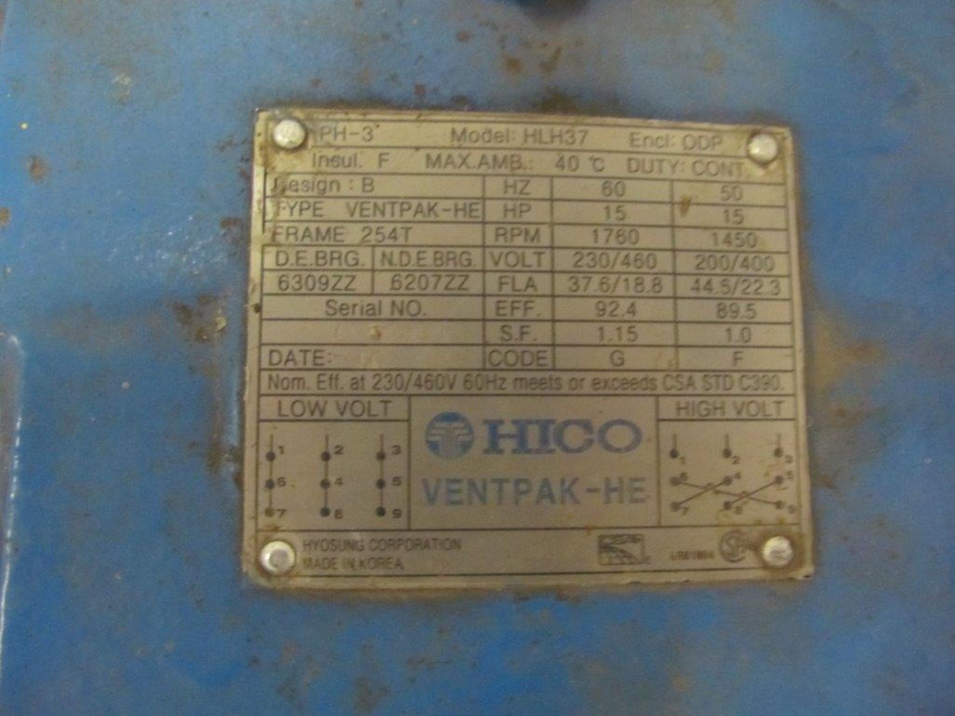 HICO 15HP ELECTRIC MOTOR, 240V/460V/3PH/60C - LOCATION - HAWKESBURY, ONTARIO - Image 2 of 2