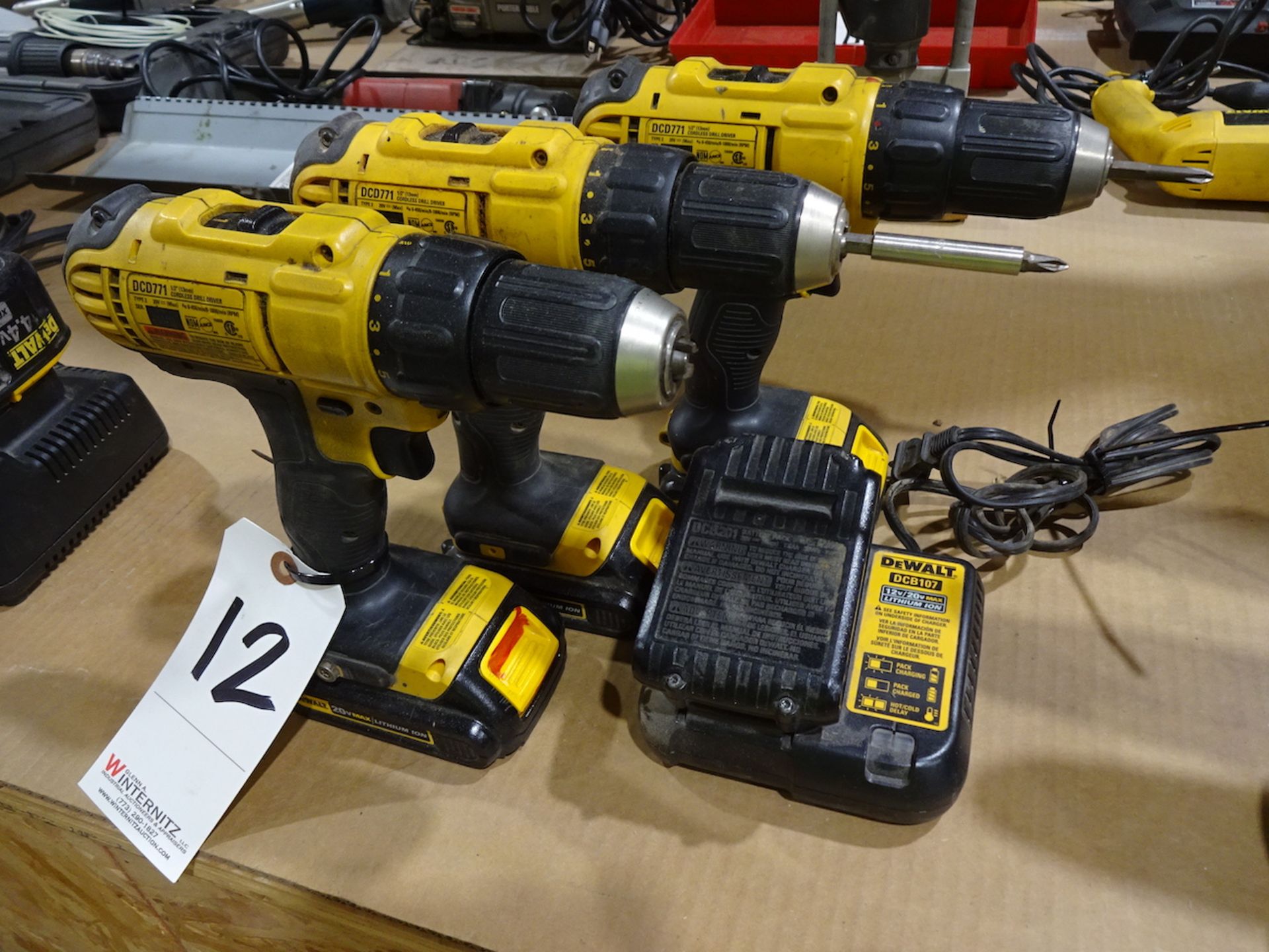 LOT: (2) Dewalt Model DCD771 Cordless Drill/Drivers, with (3) Batteries & (1) Charger