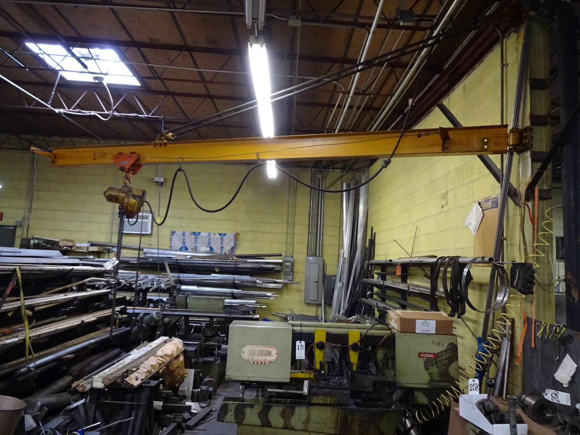 12 ft. (approx.) Post Mounted Jib Crane, with Yale 1 Ton Electric Hoist (delay removal ten days)
