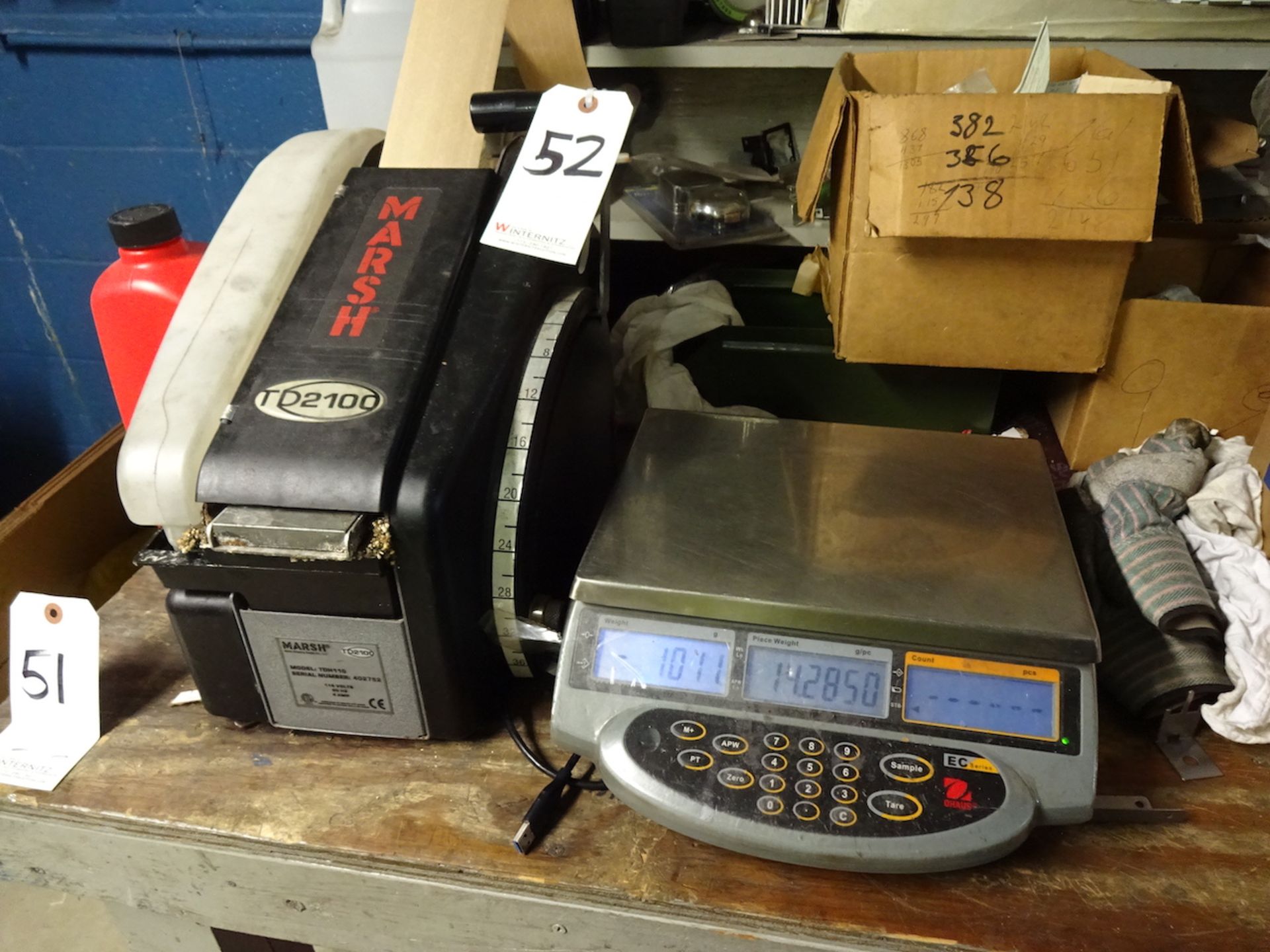 LOT: Ohaus E Series Bench Top Digital Scale & Marsh Model TD2100 Tape Machine