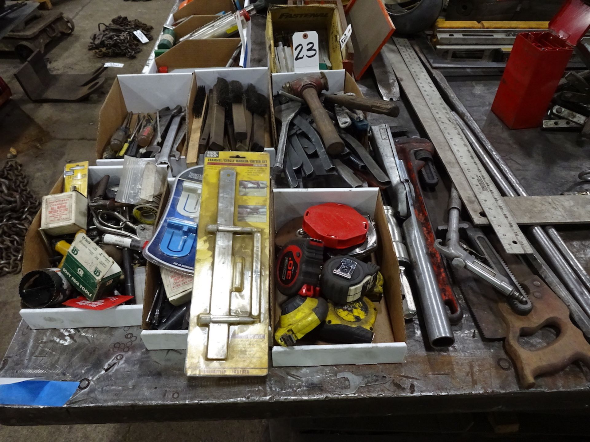 LOT: Assorted Hammers, Pliers, Screw Drivers, Measuring Tapes, Wire Brushes, Straight Edges, etc.