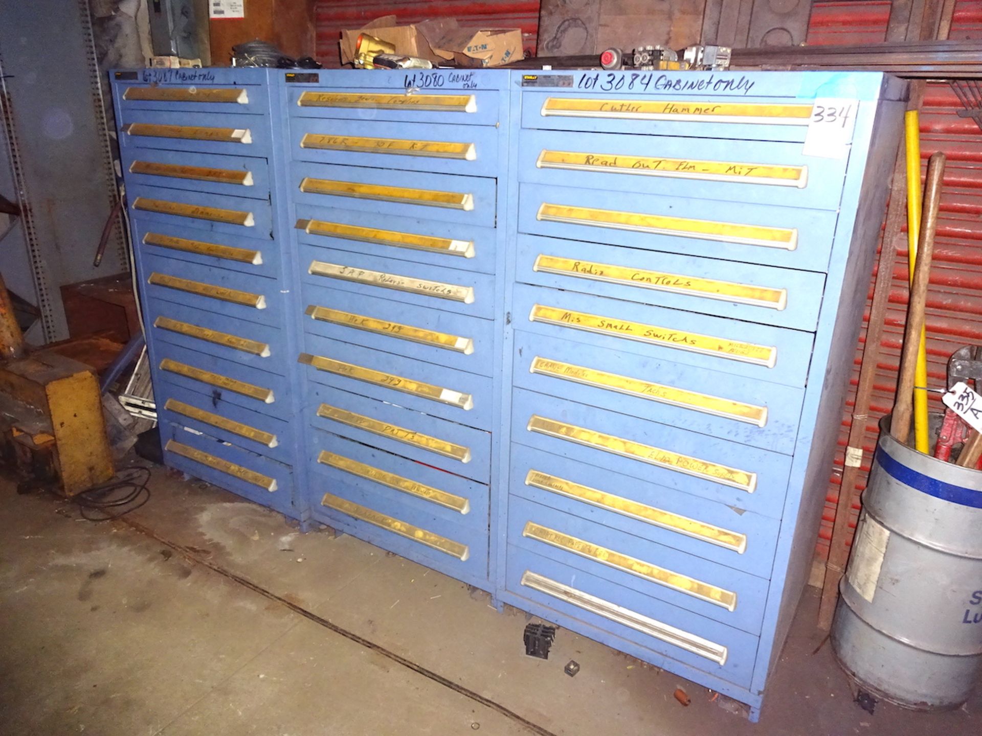 LOT: (3) Stanley 10-Drawer Heavy Duty Parts Storage Cabinets, with Contents of Electrical