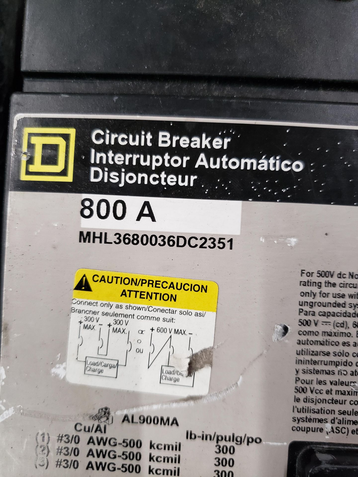 SQUARE D 800A BREAKER - PART # MHL3680036DC2351 - Image 2 of 4