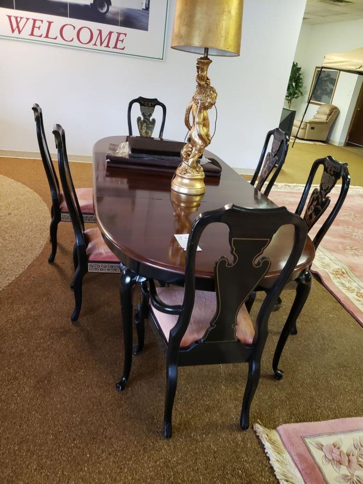 DINING ROOM TABLE WITH 6 ORIENTAL STYLE CHAIRS. TABLE MEASURES 8'11" X 43-1/2"