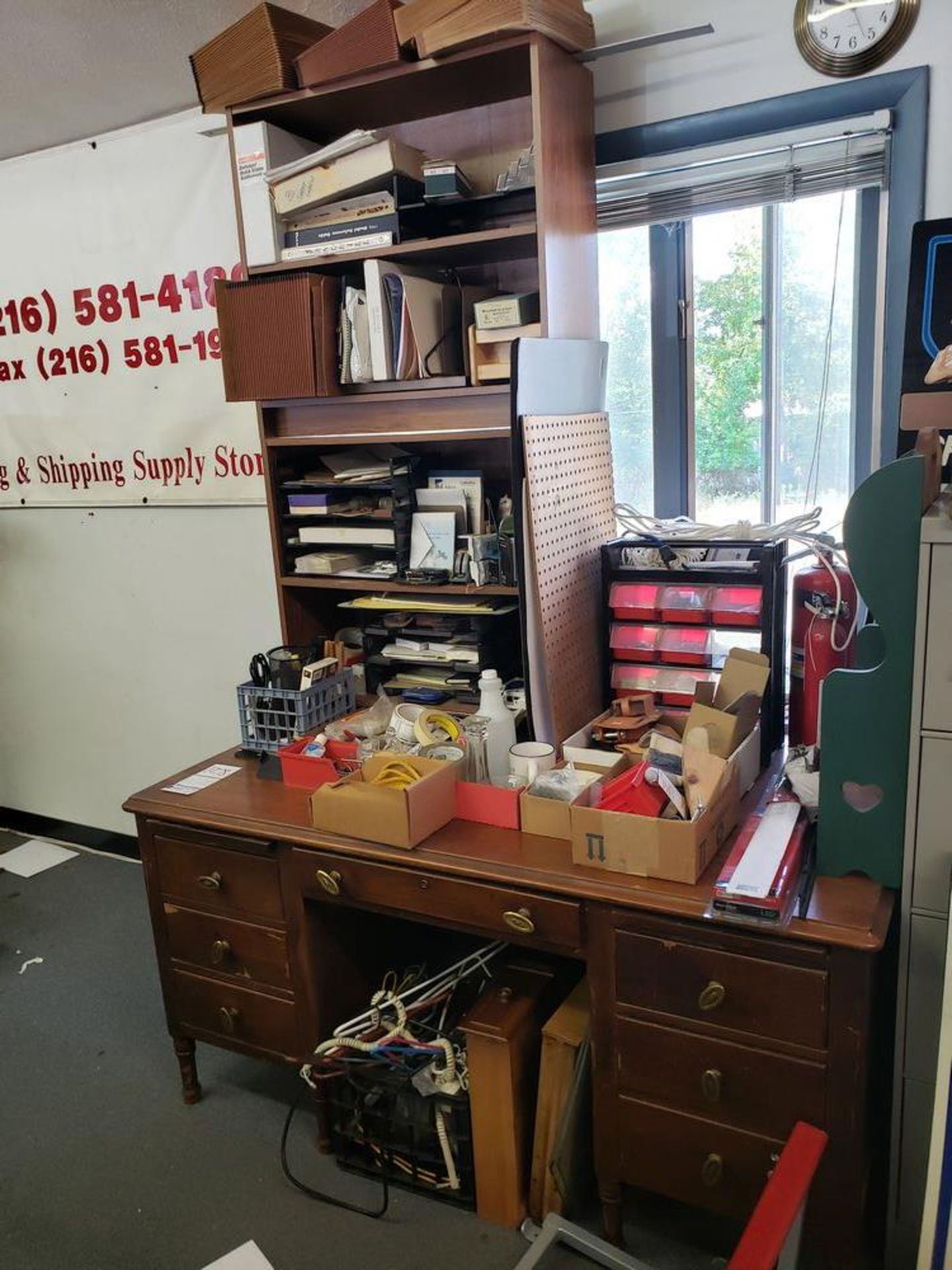 WOODEN DESK WITH CONTENTS IN AND ON