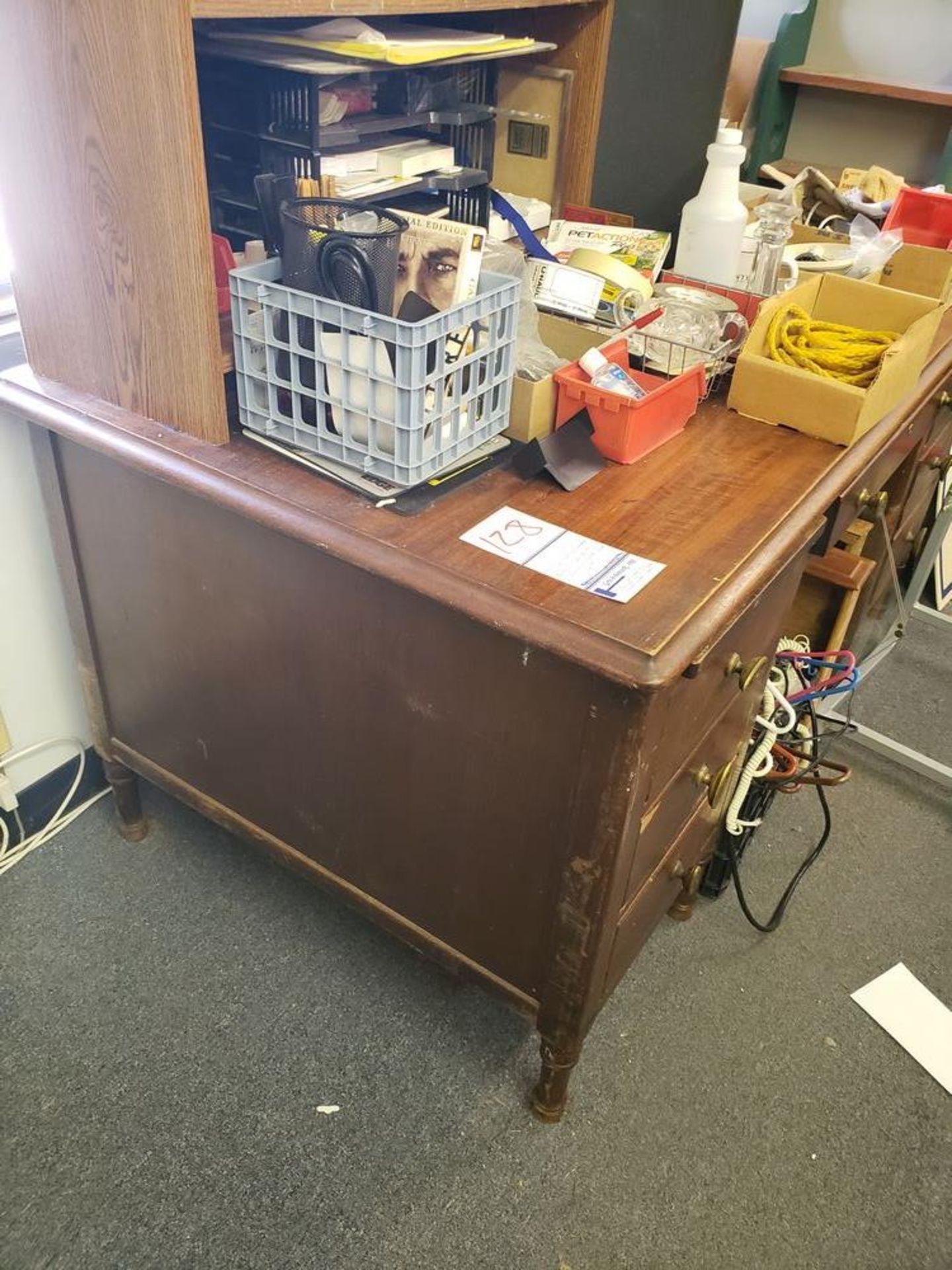 WOODEN DESK WITH CONTENTS IN AND ON - Image 18 of 18