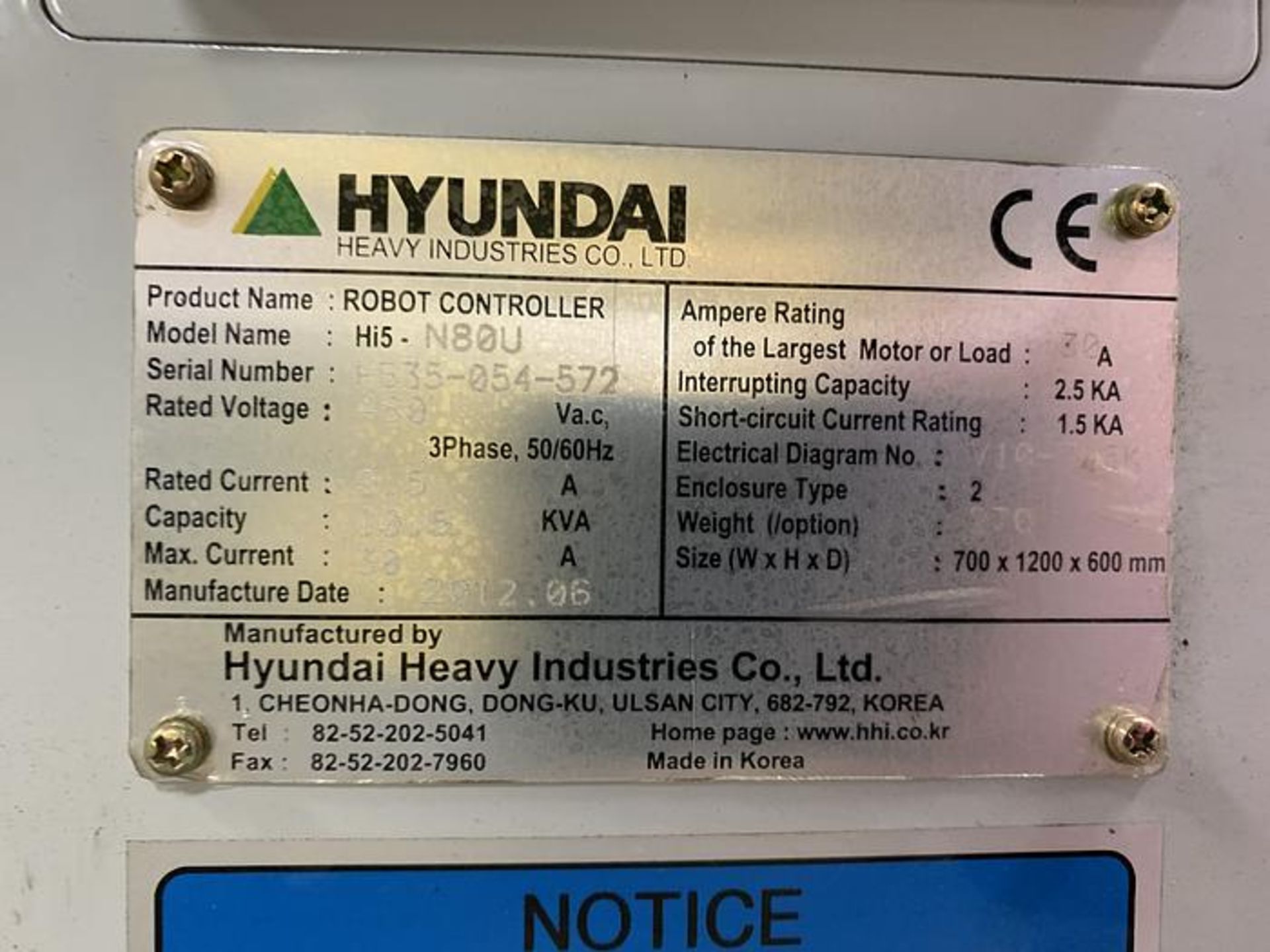 HYUNDIA ROBOT MODEL HX400 400KG X 2573MM H REACH WITH Hi5-N80U CONTR, YEAR 2012, SN HB35-054-572 - Image 24 of 25