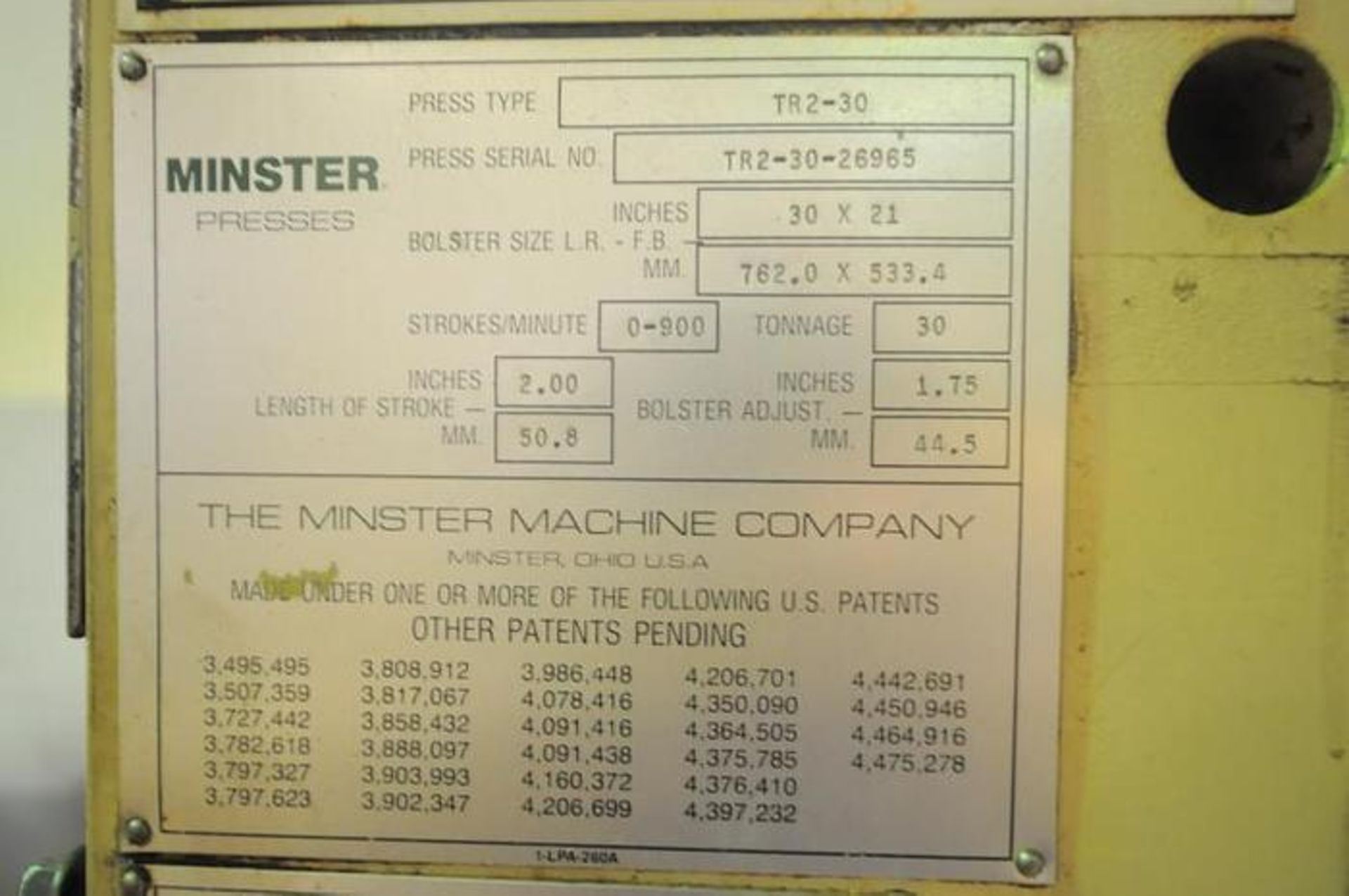 MINSTER PULSAR 30 HIGH SPEED STRAIGT SIDE PRESS MODEL TR2-30, SN TR2-30-26965, YEAR 1987 - Image 7 of 7