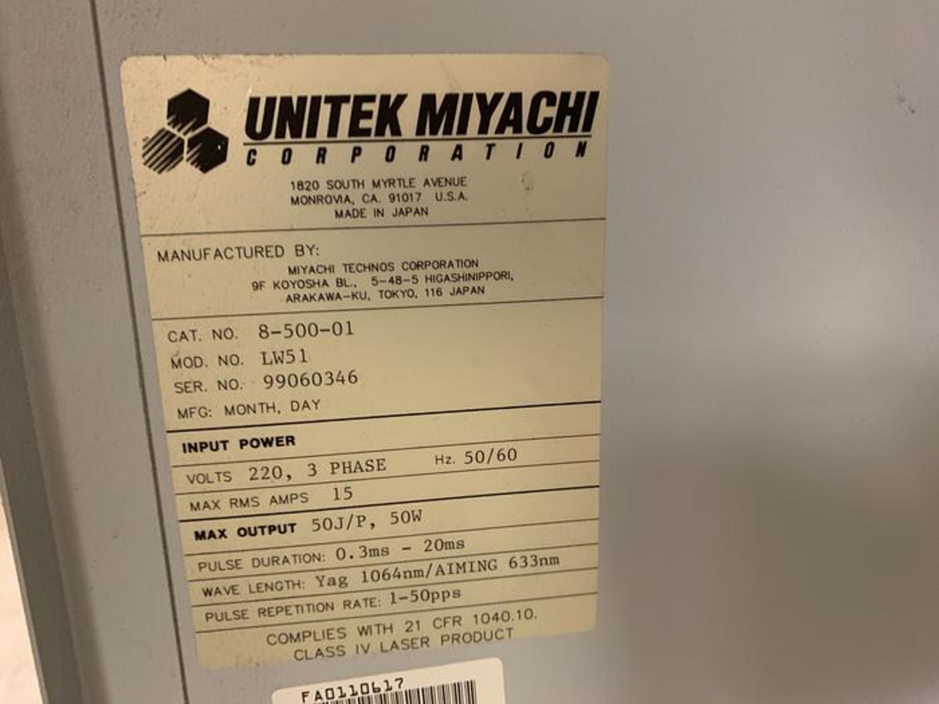 MIYACHI UNITEK LW51 COMPACT YAG LASER MACHINE SERIAL NUMBER 99060346 - Image 4 of 6