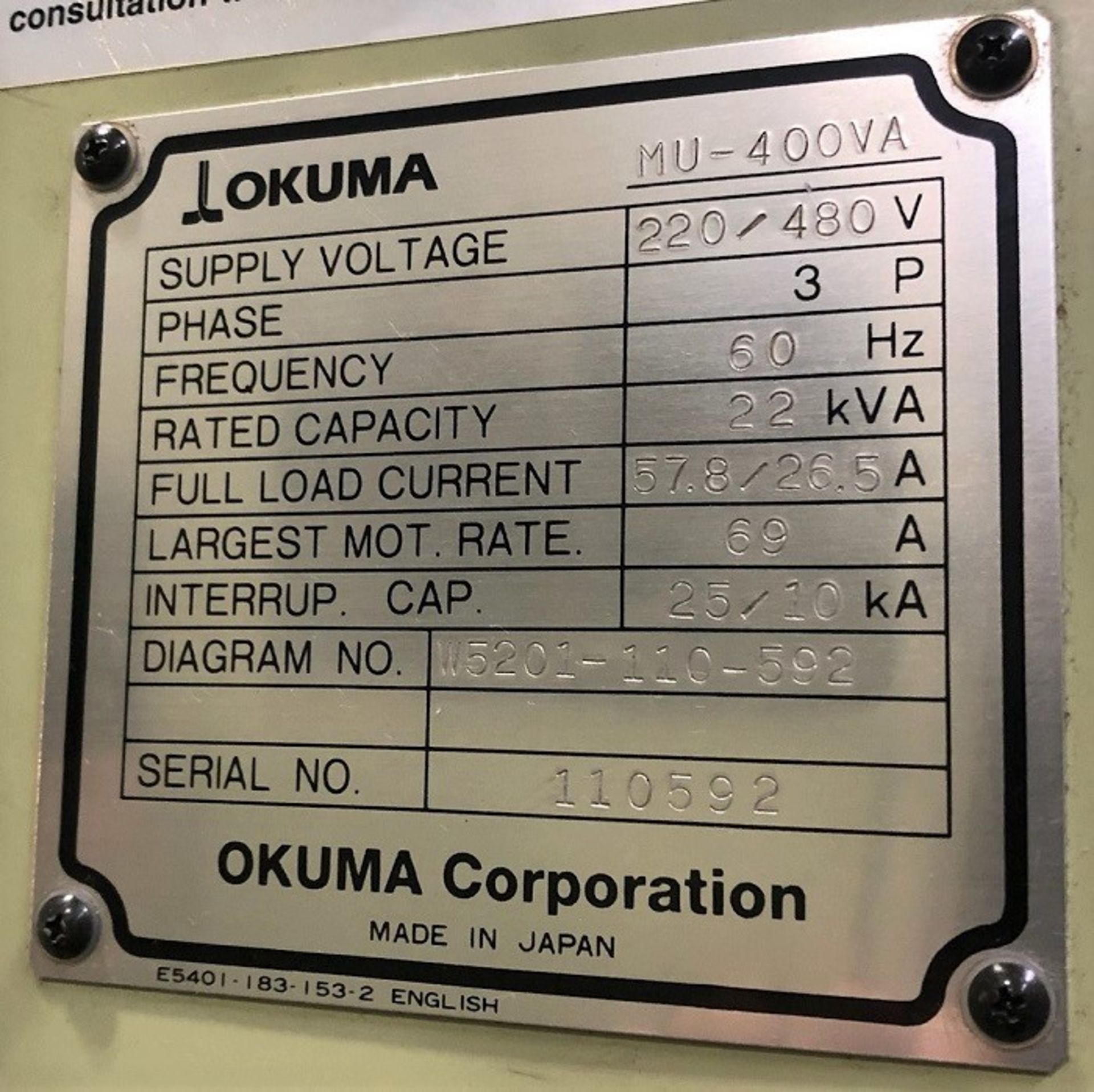 OKUMA MODEL MU-400VA, 5 AXIS FULL CONTOURING, CNC VMC, YEAR 2005, SN 110594 - Image 10 of 10