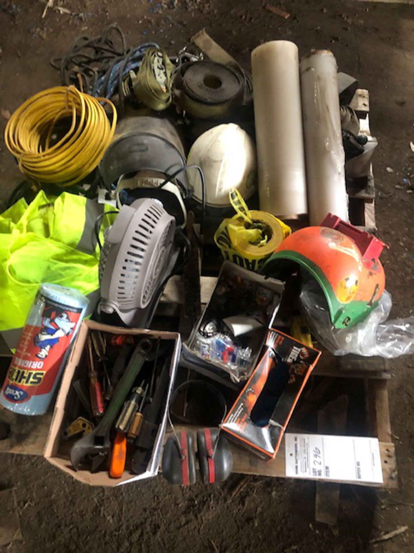 skid of misc tools, nylon straps, shrink wrap and tools