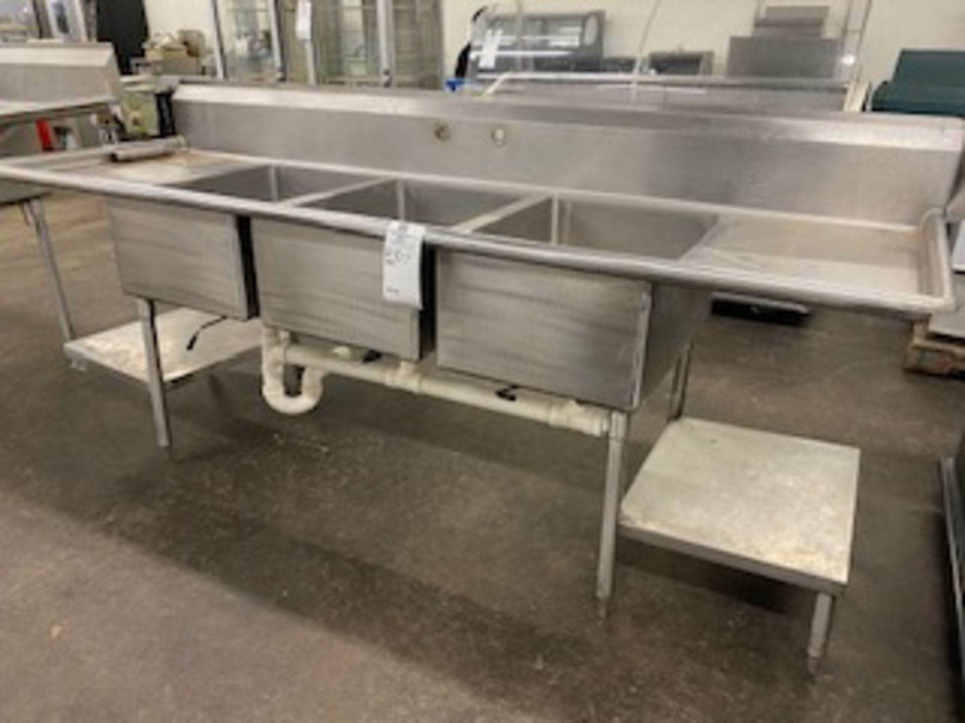 8' Stainless steel 3 bay sink w/shelves 36" tall