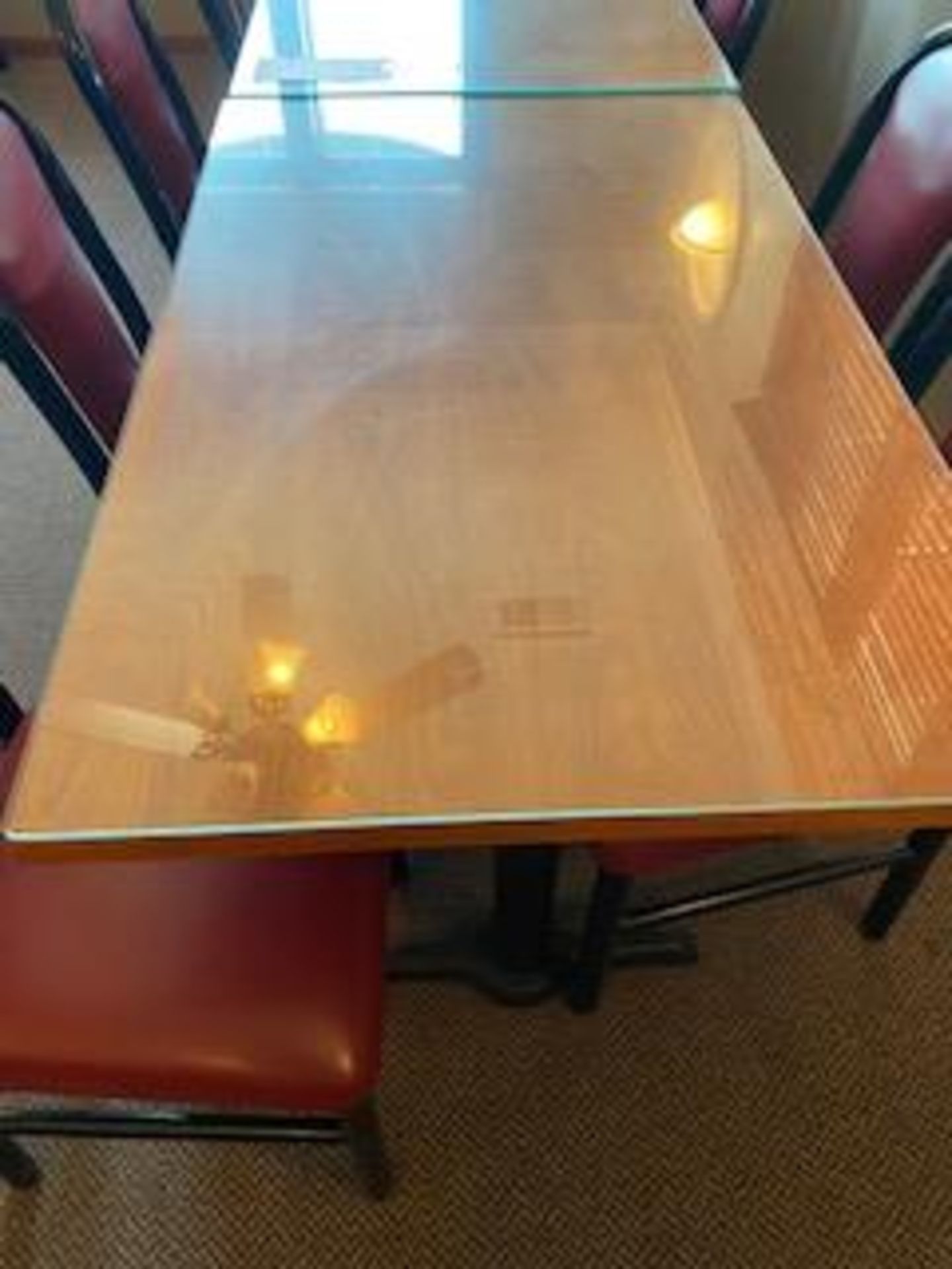 Glass top wood grain double pedestal 2-1/2'x 4' table