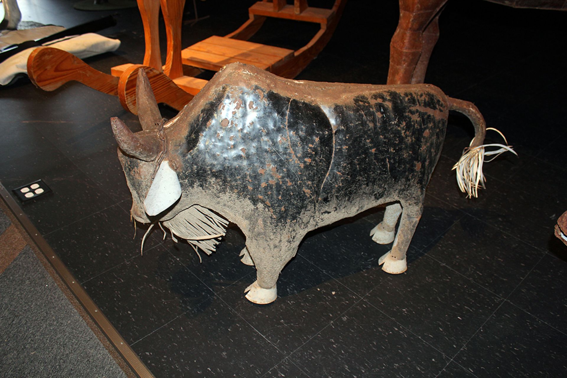 Approximate 26" tall by 3' Folk Art Metal Tin Bull - Image 2 of 4